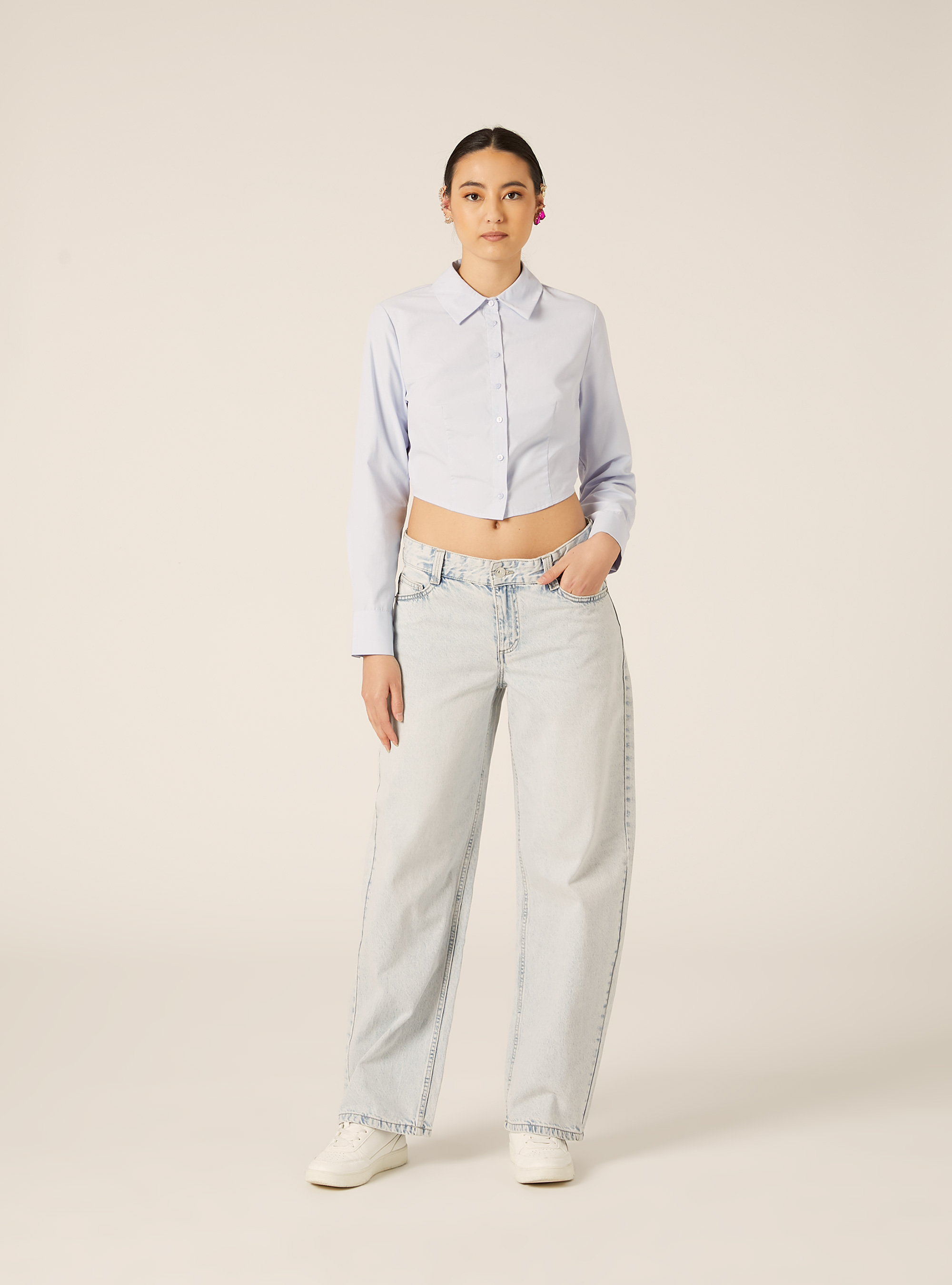 Camicia cropped in popeline, AZZURRO CHIARO
