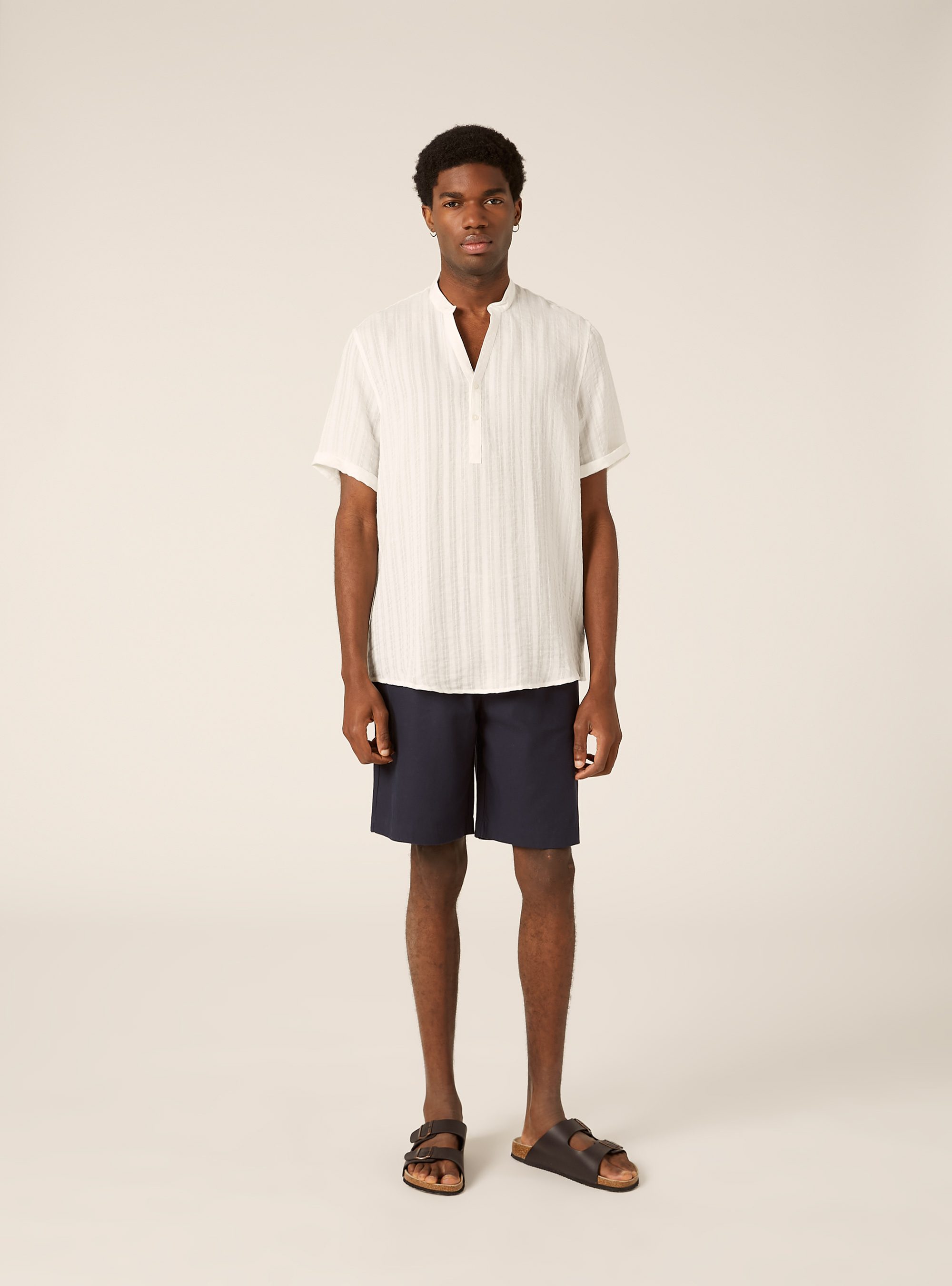 Short Sleeve Henley Popover Shirt with Vertical Texture, WH2 WHITE