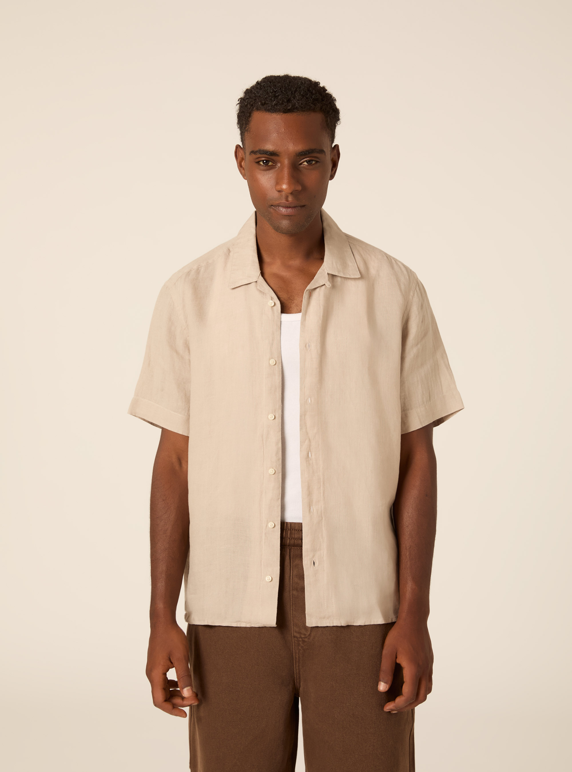 Short Sleeve Bowling Shirt, MBG2 BEIGE MEL MED
