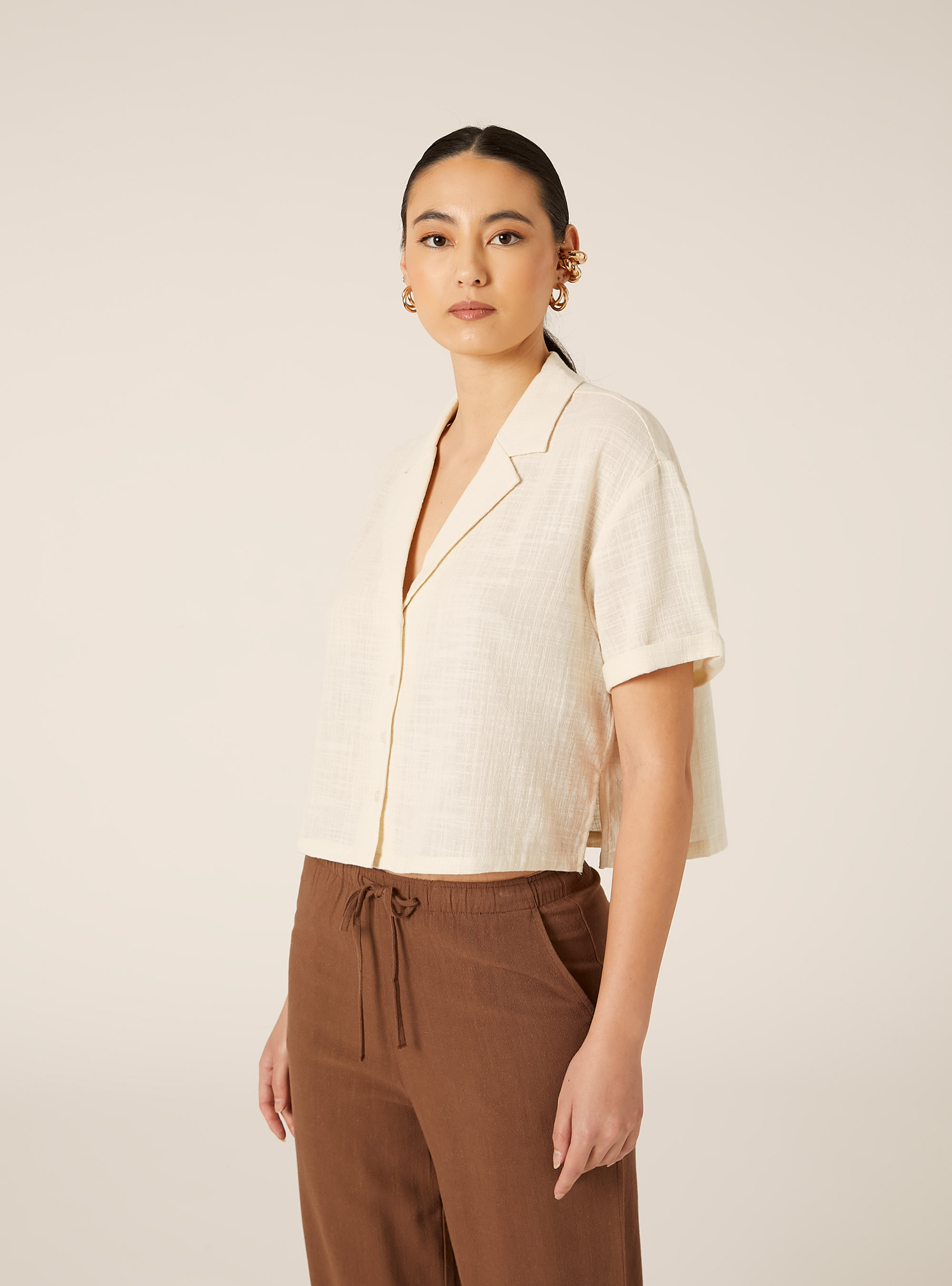 Camicia maniche corte crop, MBG3 BEIGE MEL LIGHT