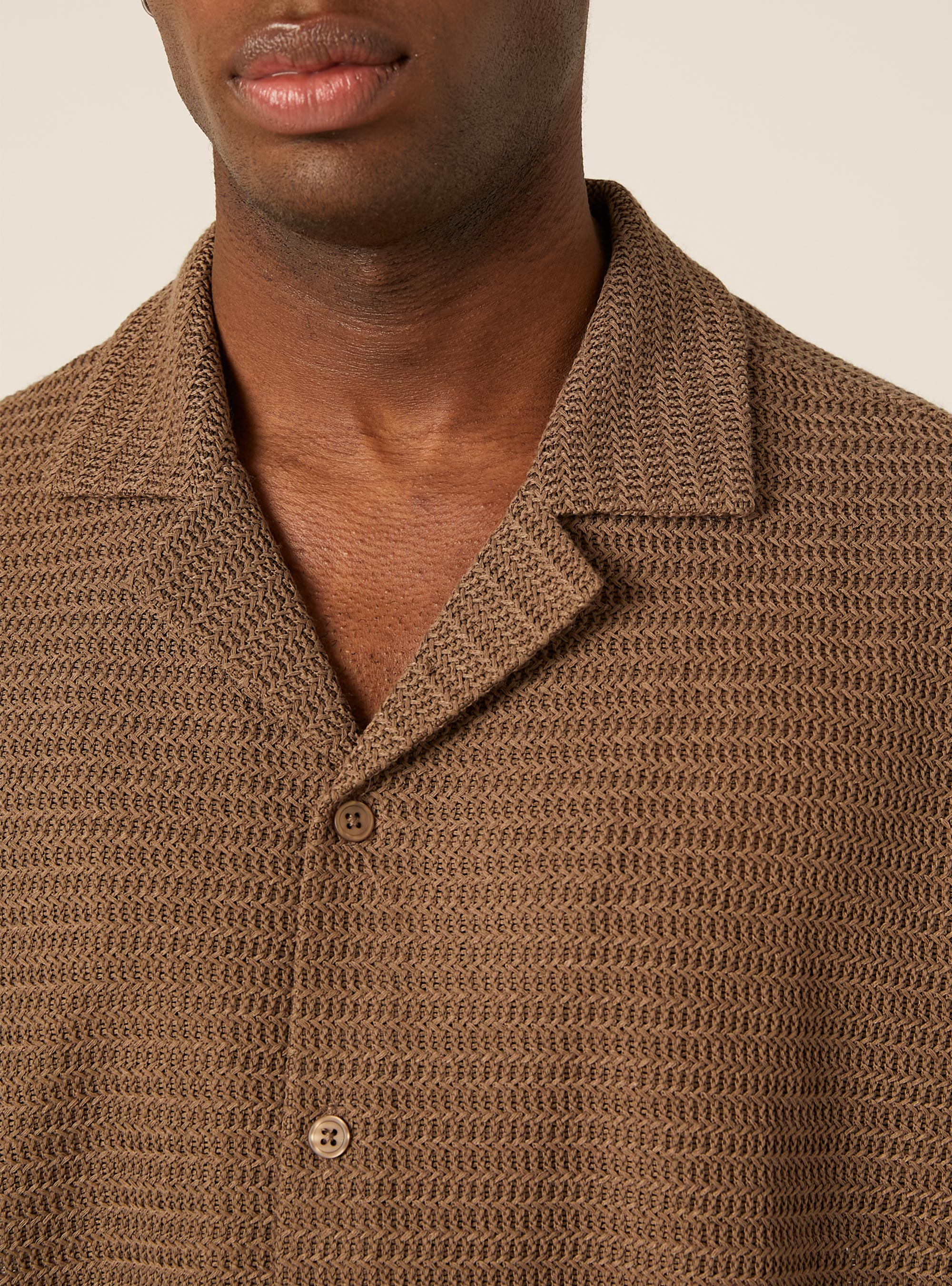 Crochet-Effect Lightweight Knit Bowling Shirt, BR3 BROWN LIGHT
