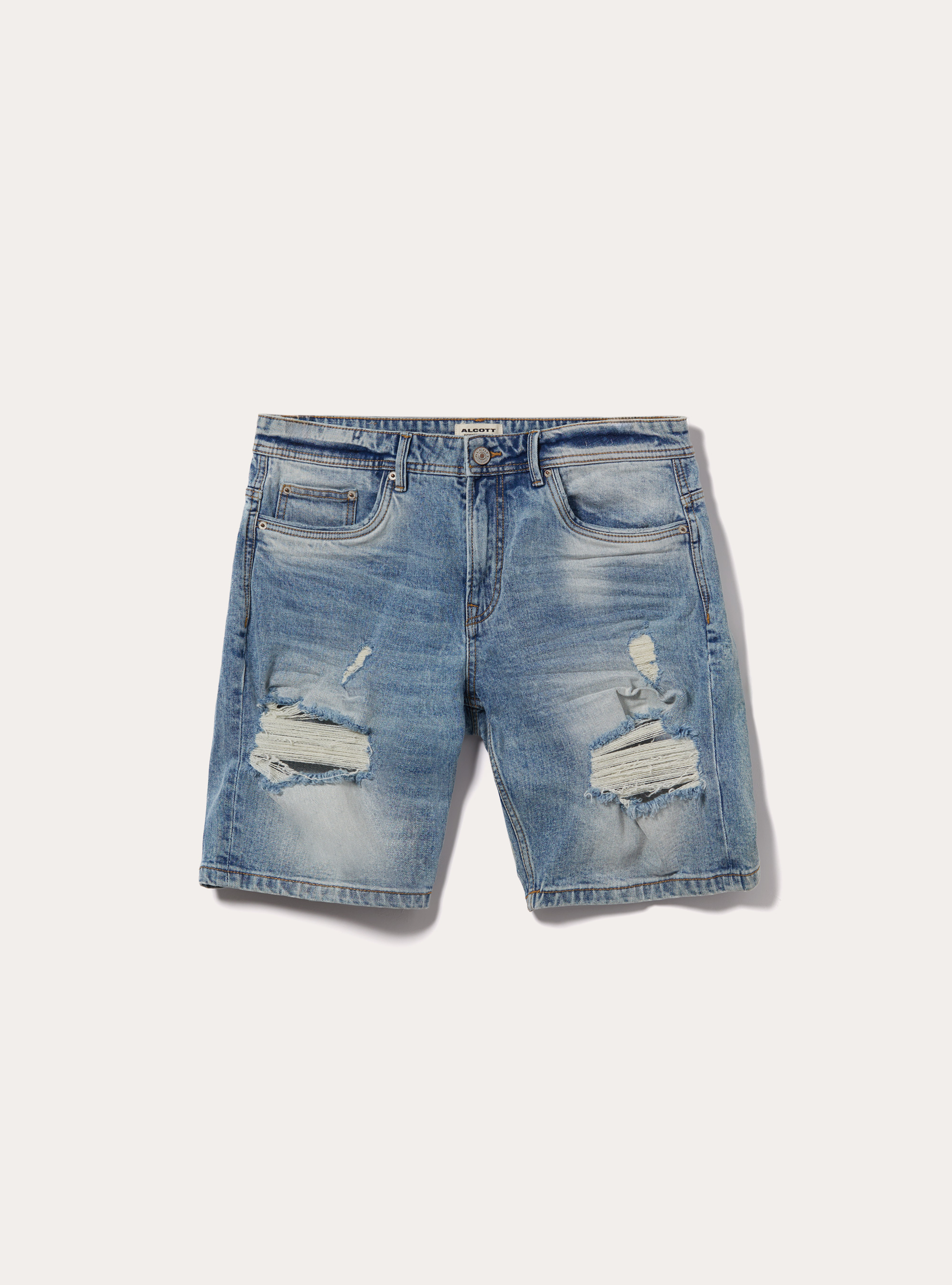 Stretch denim slim fit bermuda shorts with rips, D003 MEDIUM BLUE