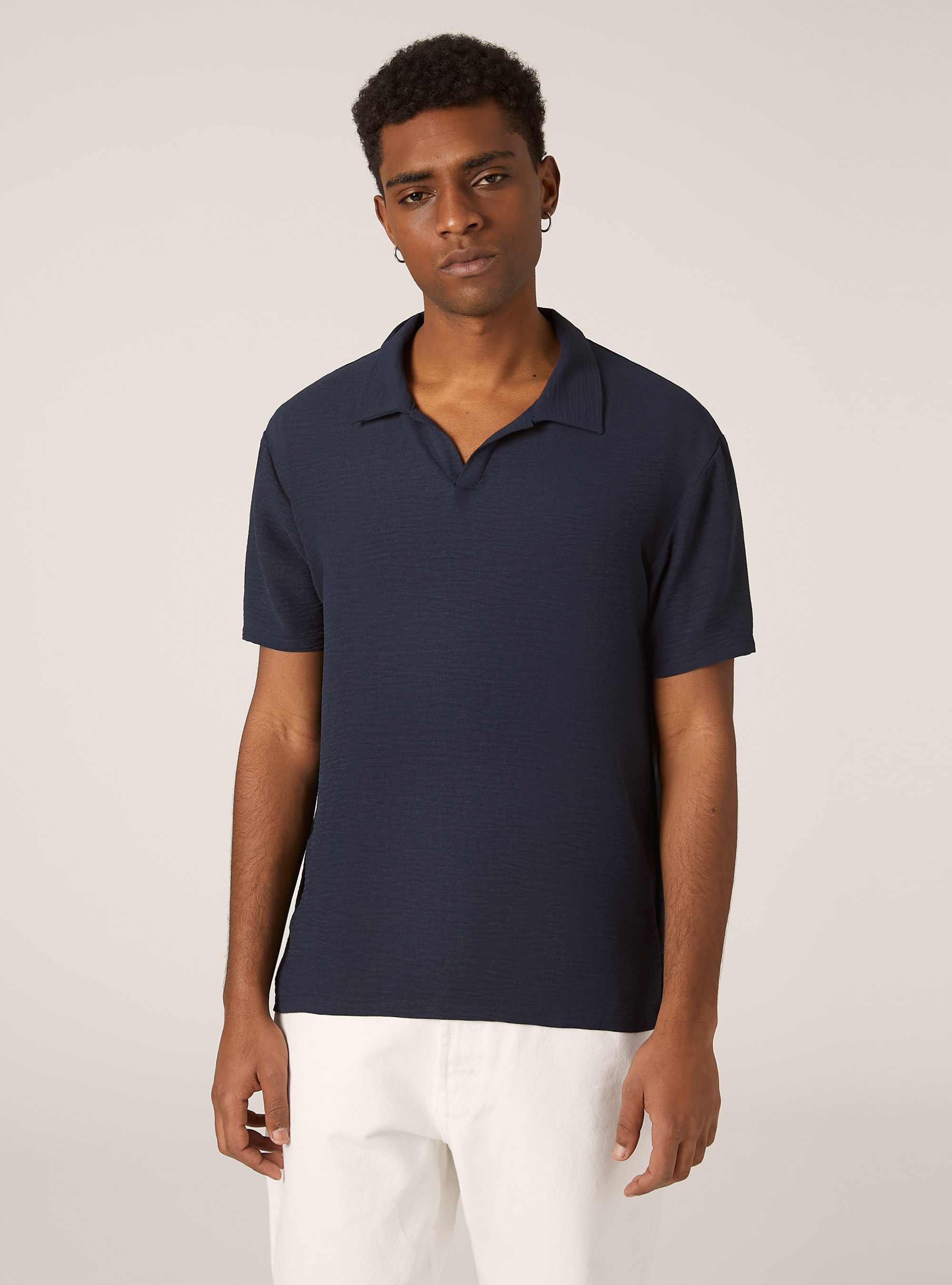 Polo en crepe &agrave; col ouvert, NA2 NAVY MEDIUM