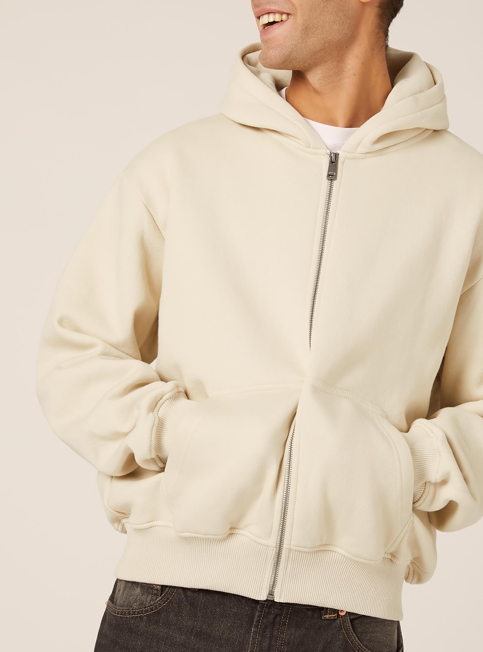 Sweat-shirt zipp&eacute; &agrave; capuche coupe boxy, CR3 CREAM LIGHT