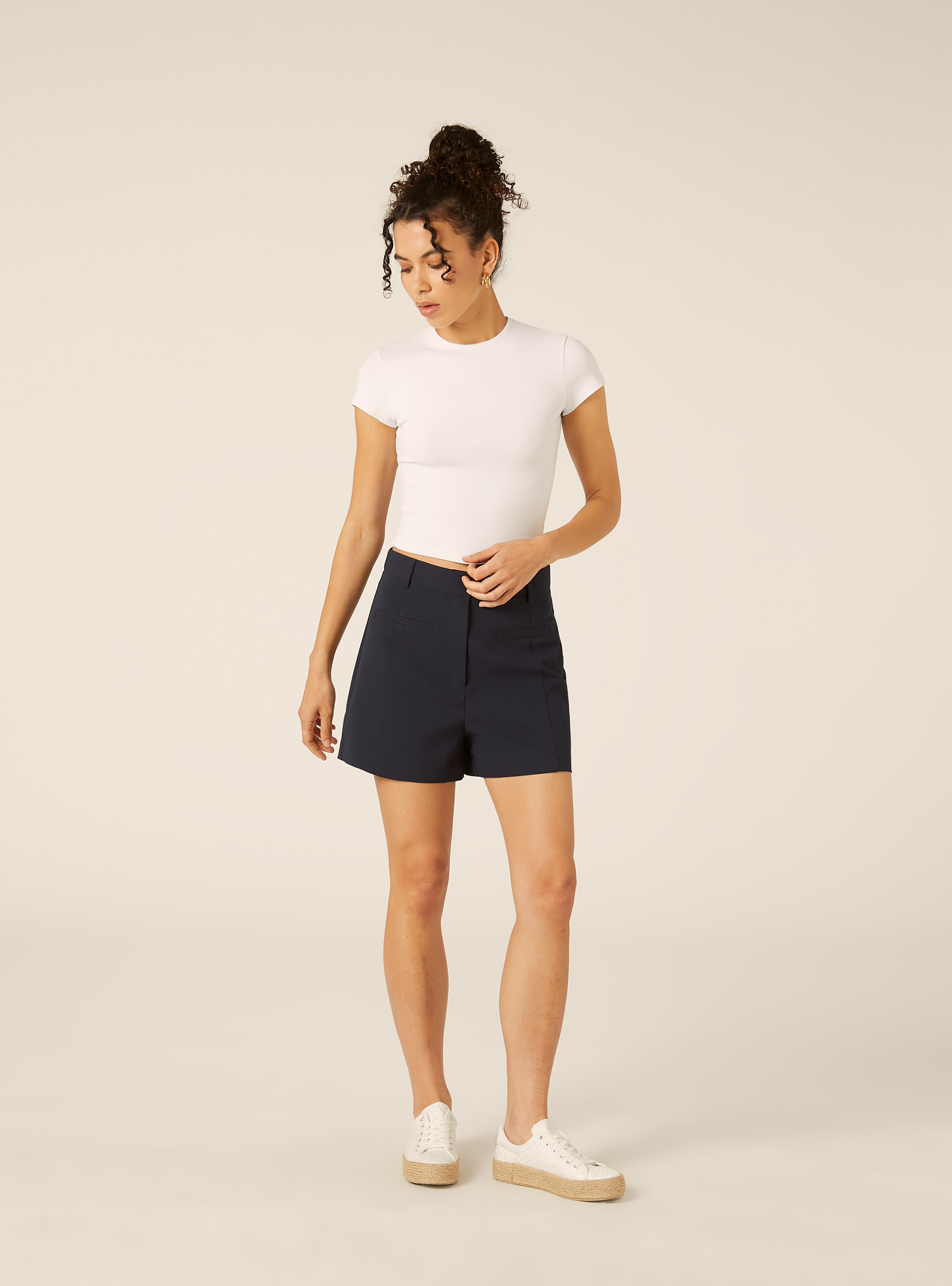 Shorts de Crep&eacute; de Color Liso, NA2 NAVY MEDIUM