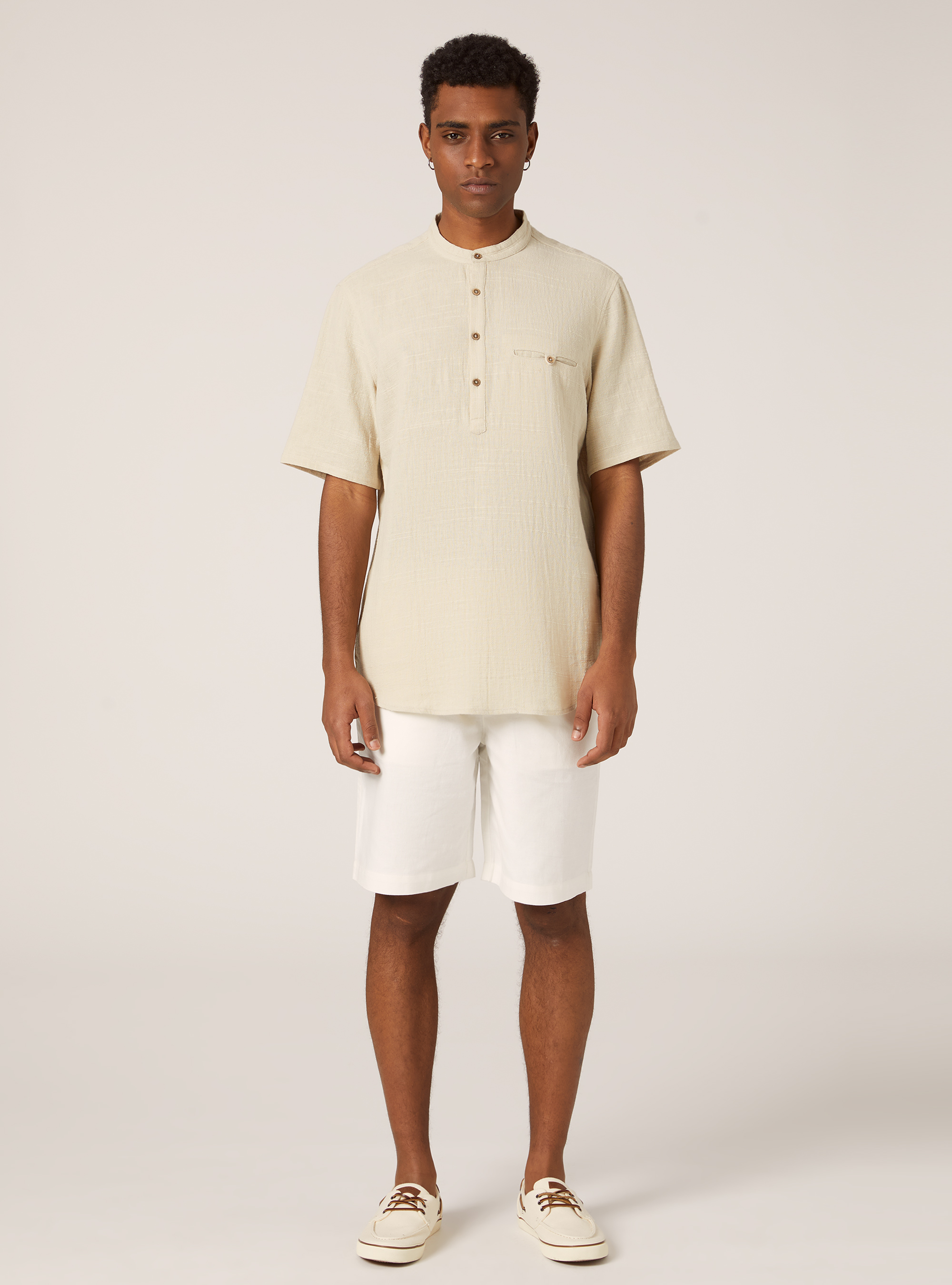 Camisa de mezcla de lino con cuello coreano, BG3 BEIGE LIGHT