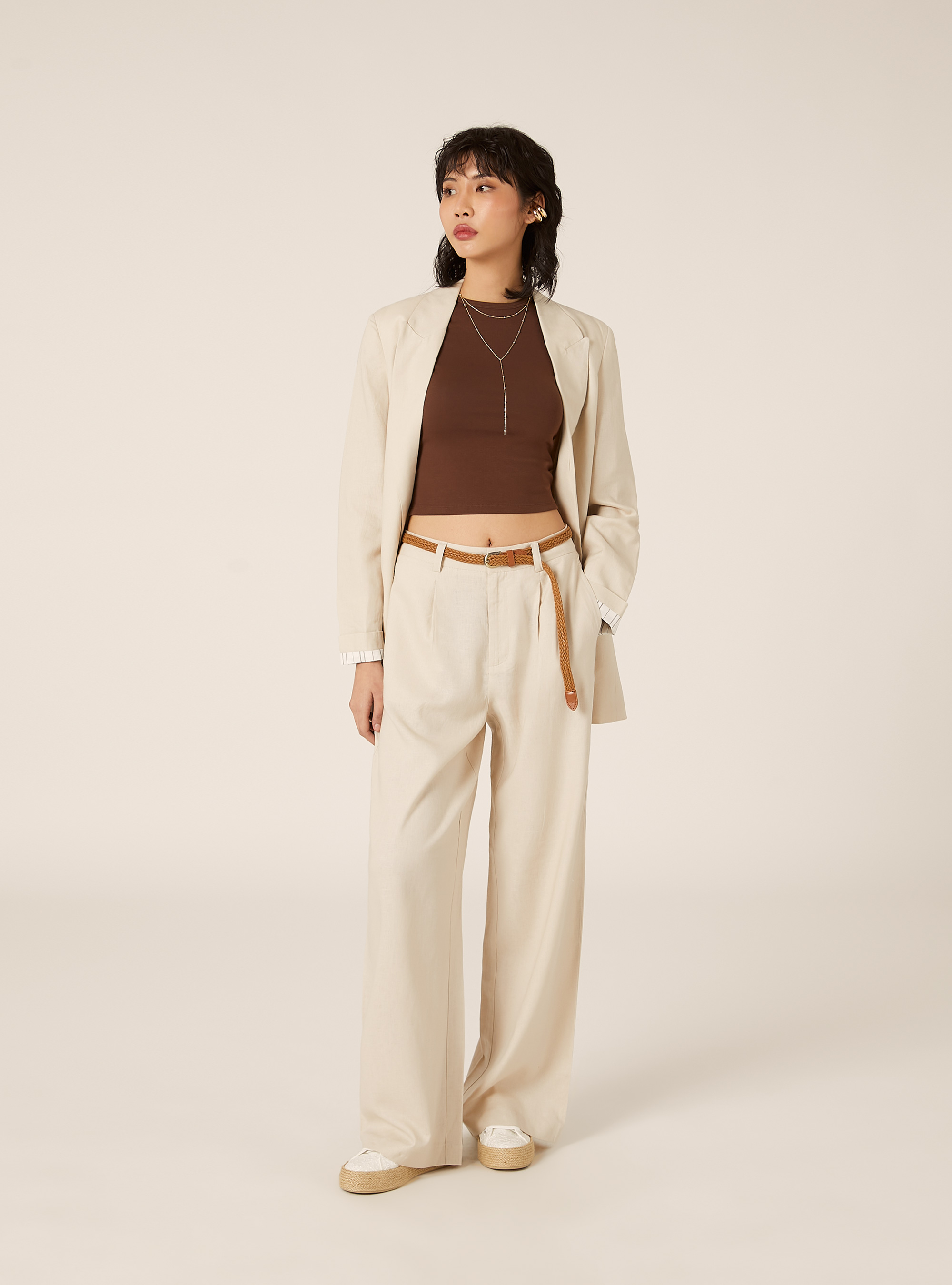 Linen Blend Trousers with Belt, BG2 BEIGE MEDIUM