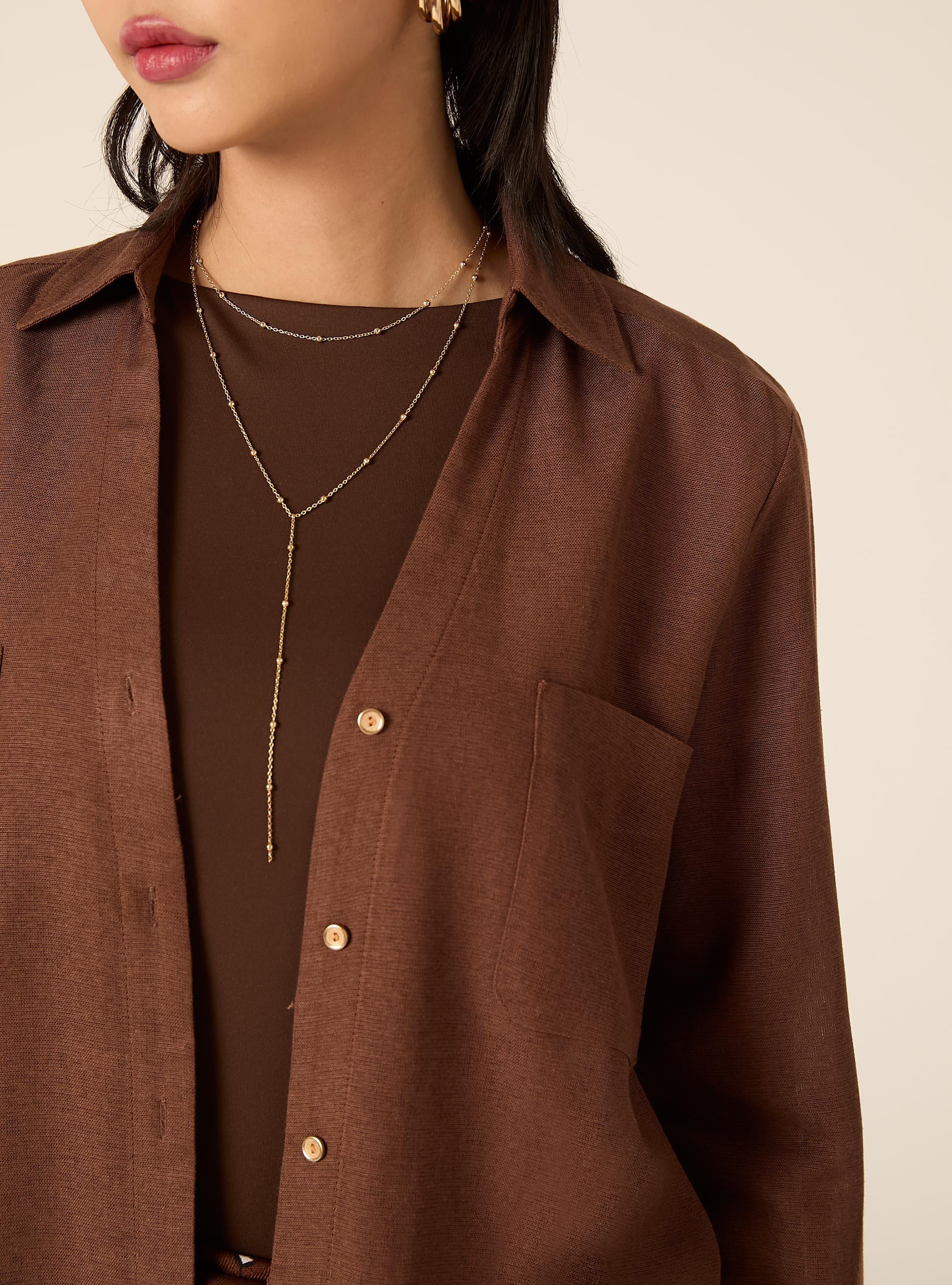 Camicia in misto lino con scollo a V, MARRONE MEDIO