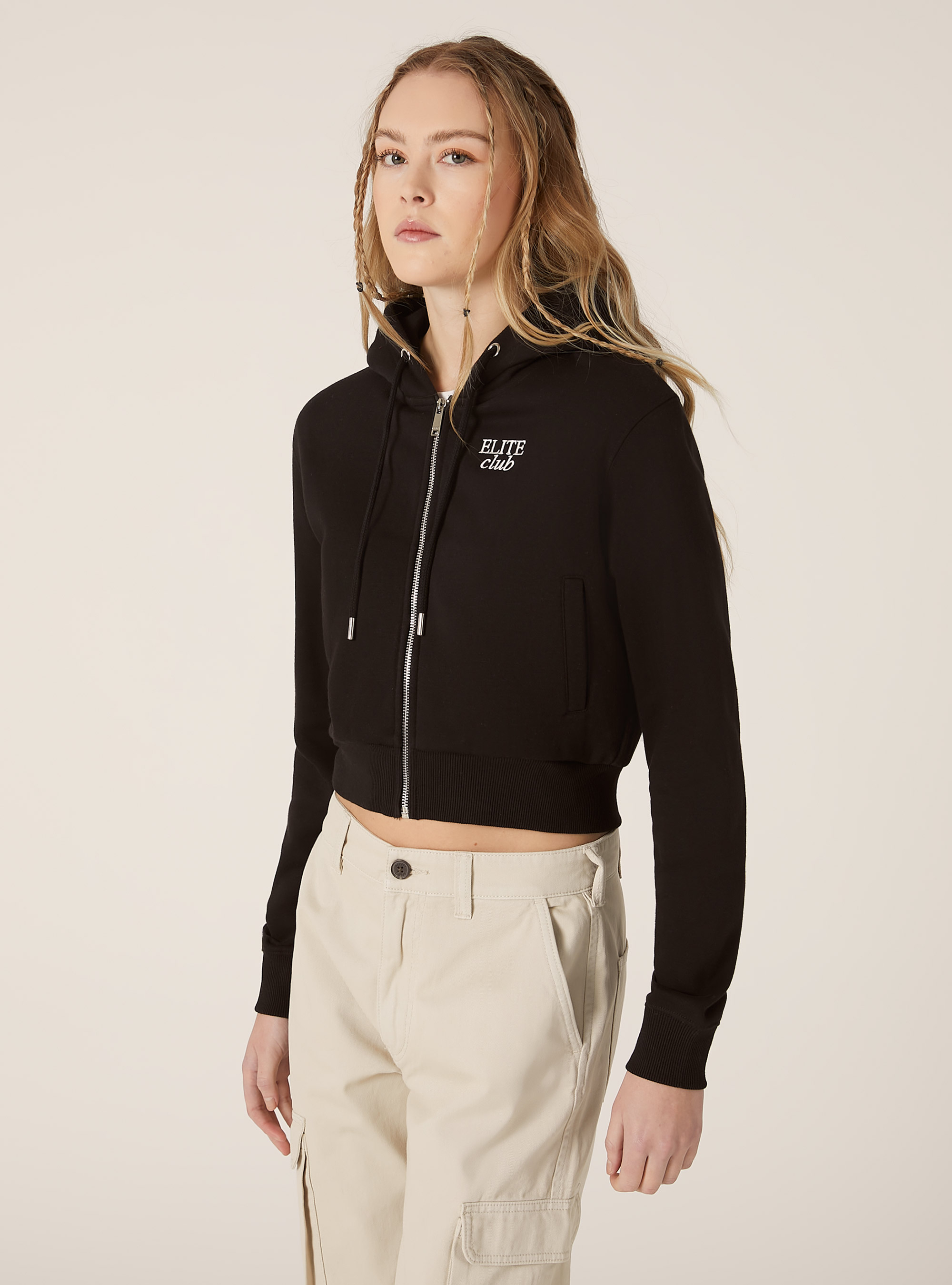 Sweatshirt court avec fermeture &eacute;clair et imprim&eacute;, BK1 BLACK