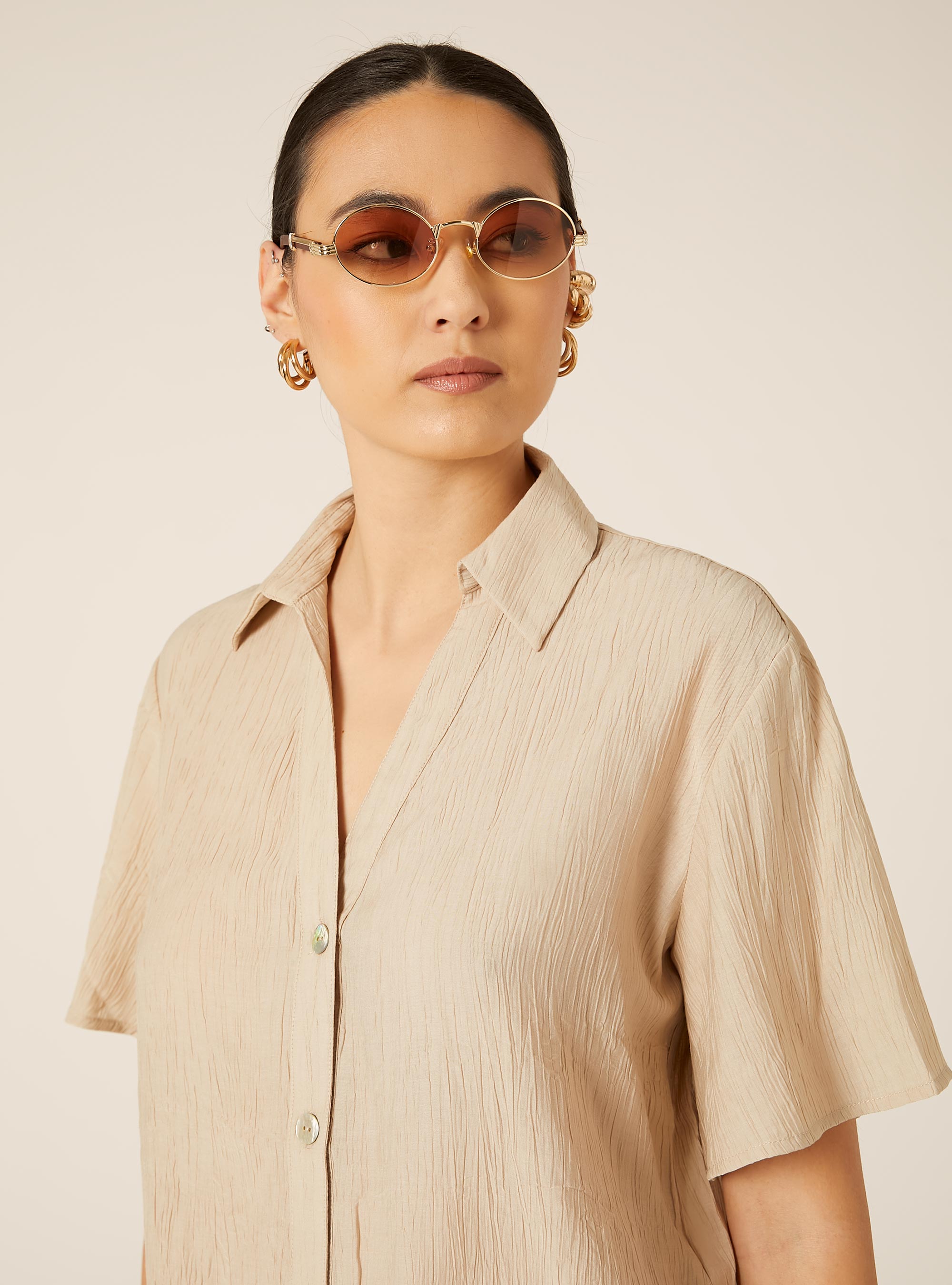 Camicia maniche corte in crepe, BEIGE MEDIO