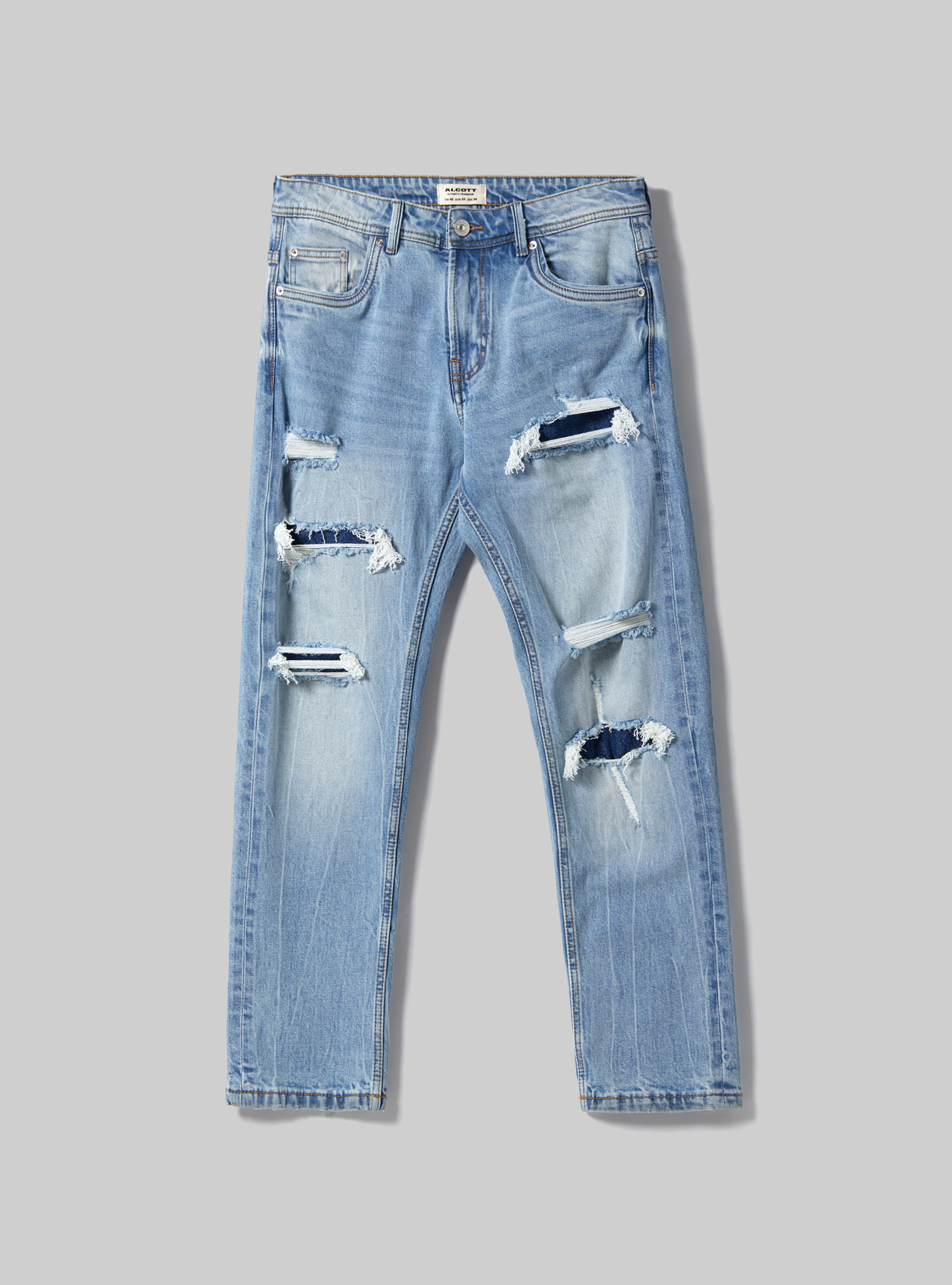 Jean slim en denim stretch avec d&eacute;chirures, D004 MEDIUM LIGHT BLUE