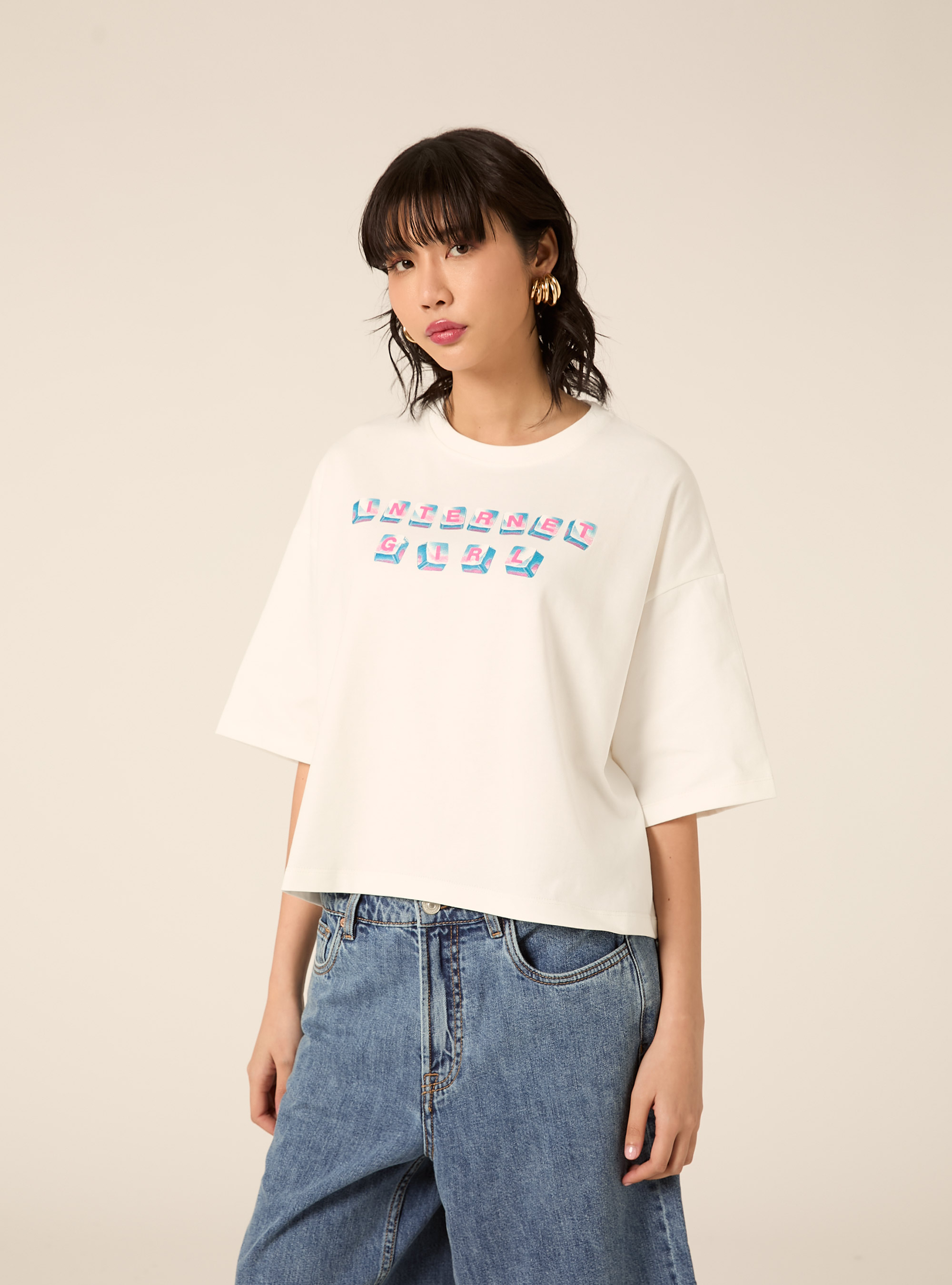 T-shirt boxy con stampa internet girl, WH2 WHITE