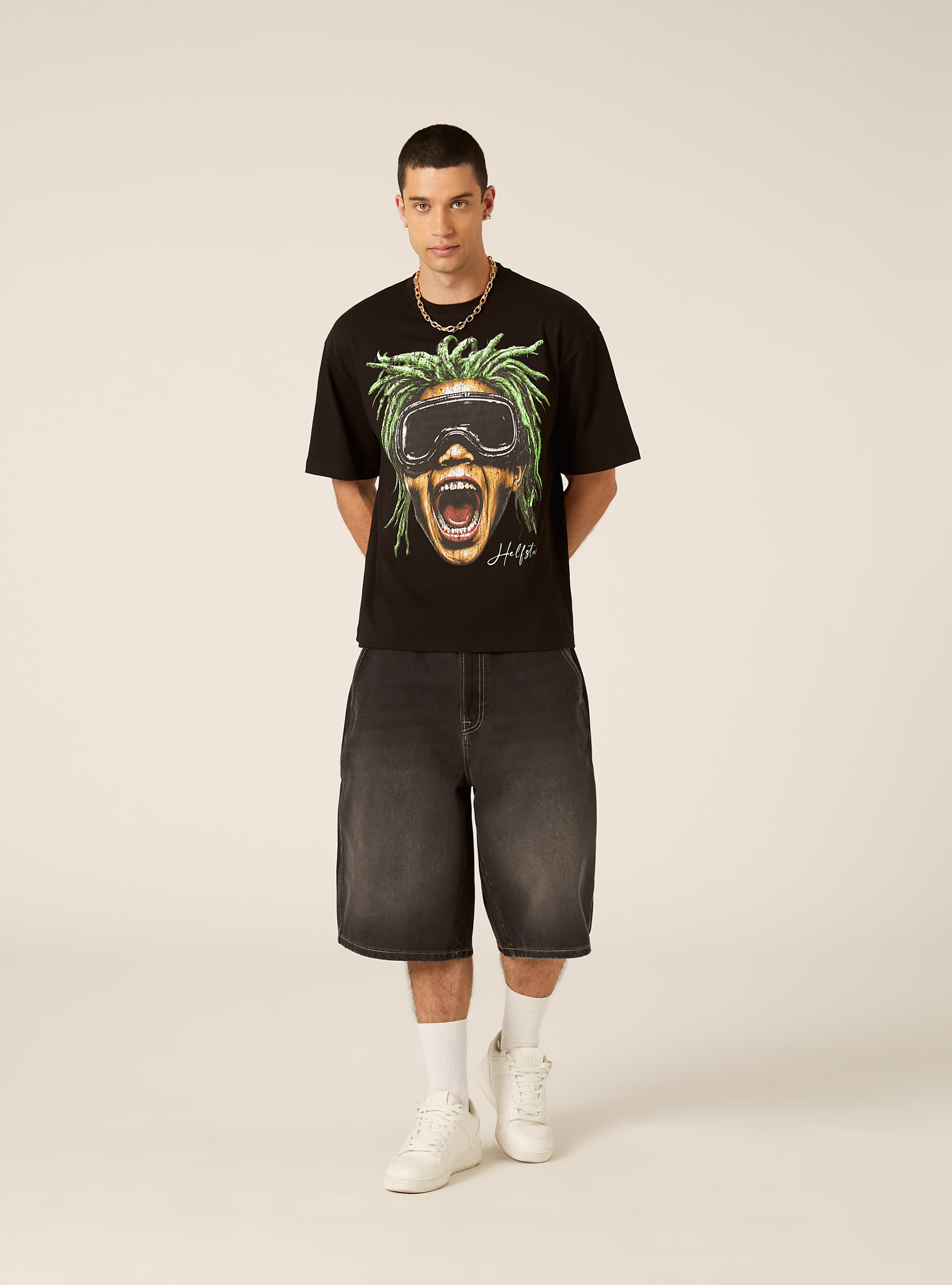 Camiseta Boxy Fit Estampada, BK1 BLACK