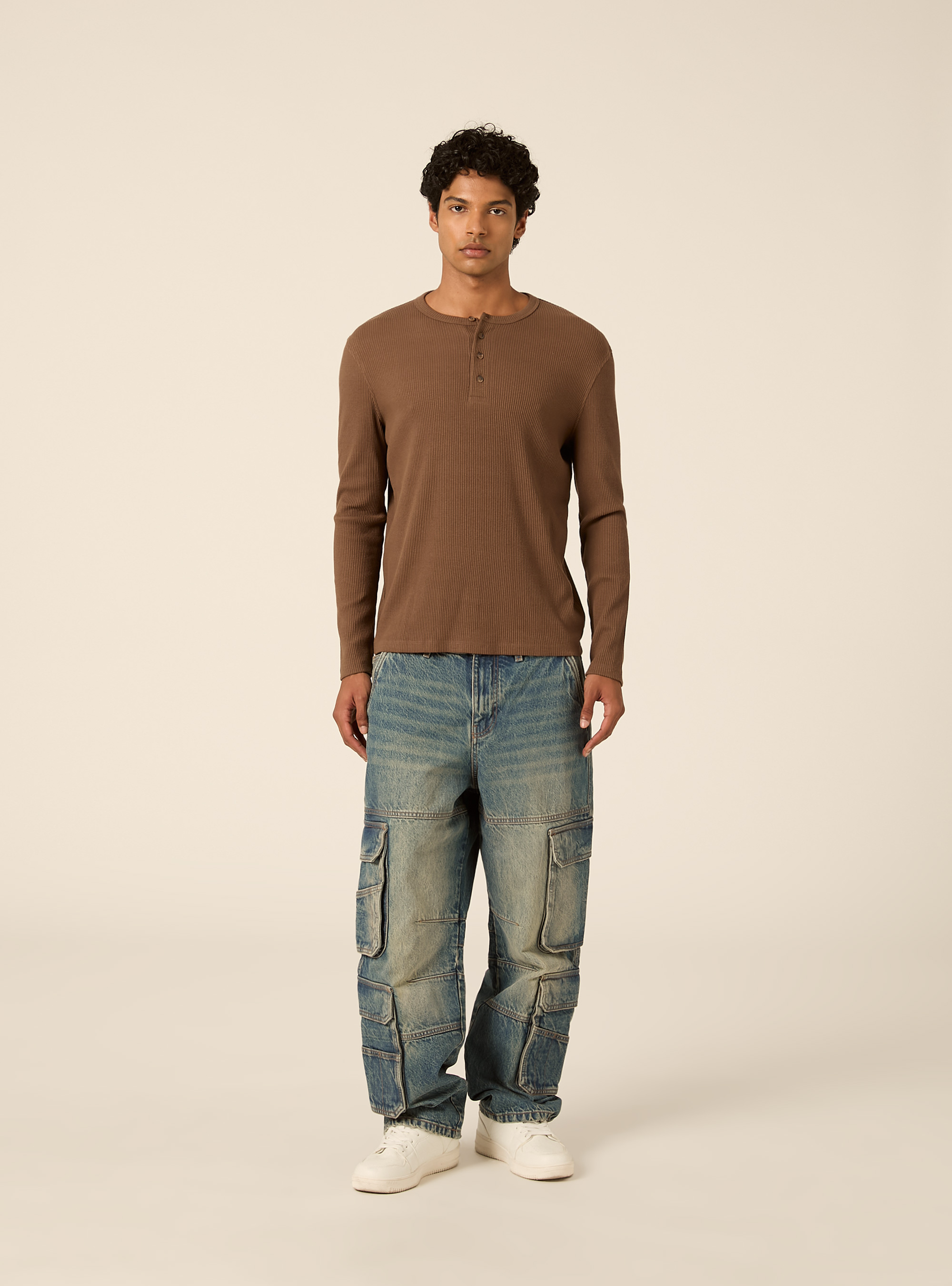 Long sleeve ribbed henley shirt, BR2 BROWN MEDIUM