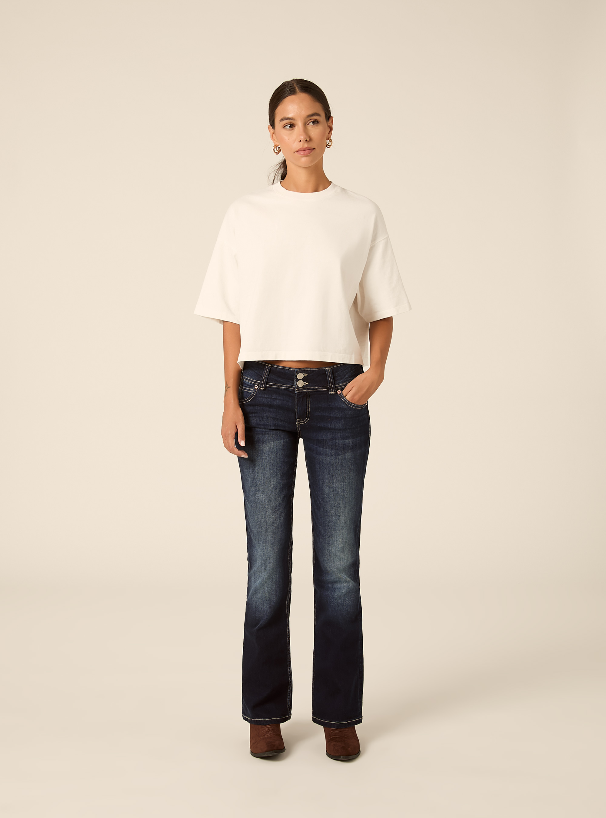 Jean bootcut taille basse avec poches &agrave; rabat, D002 MEDIUM DARK BLUE