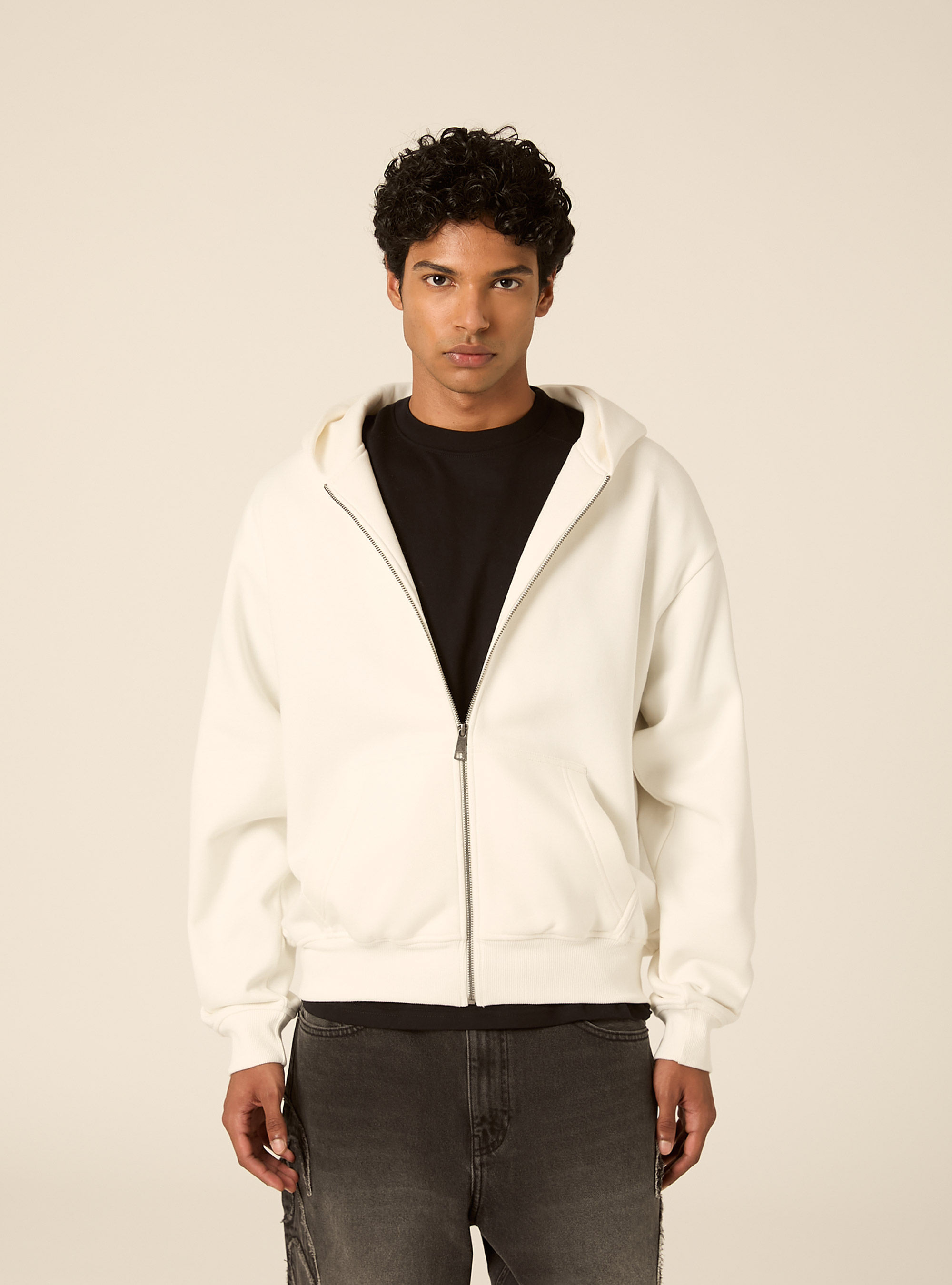 Felpa Boxy fit con zip e cappuccio, PANNA