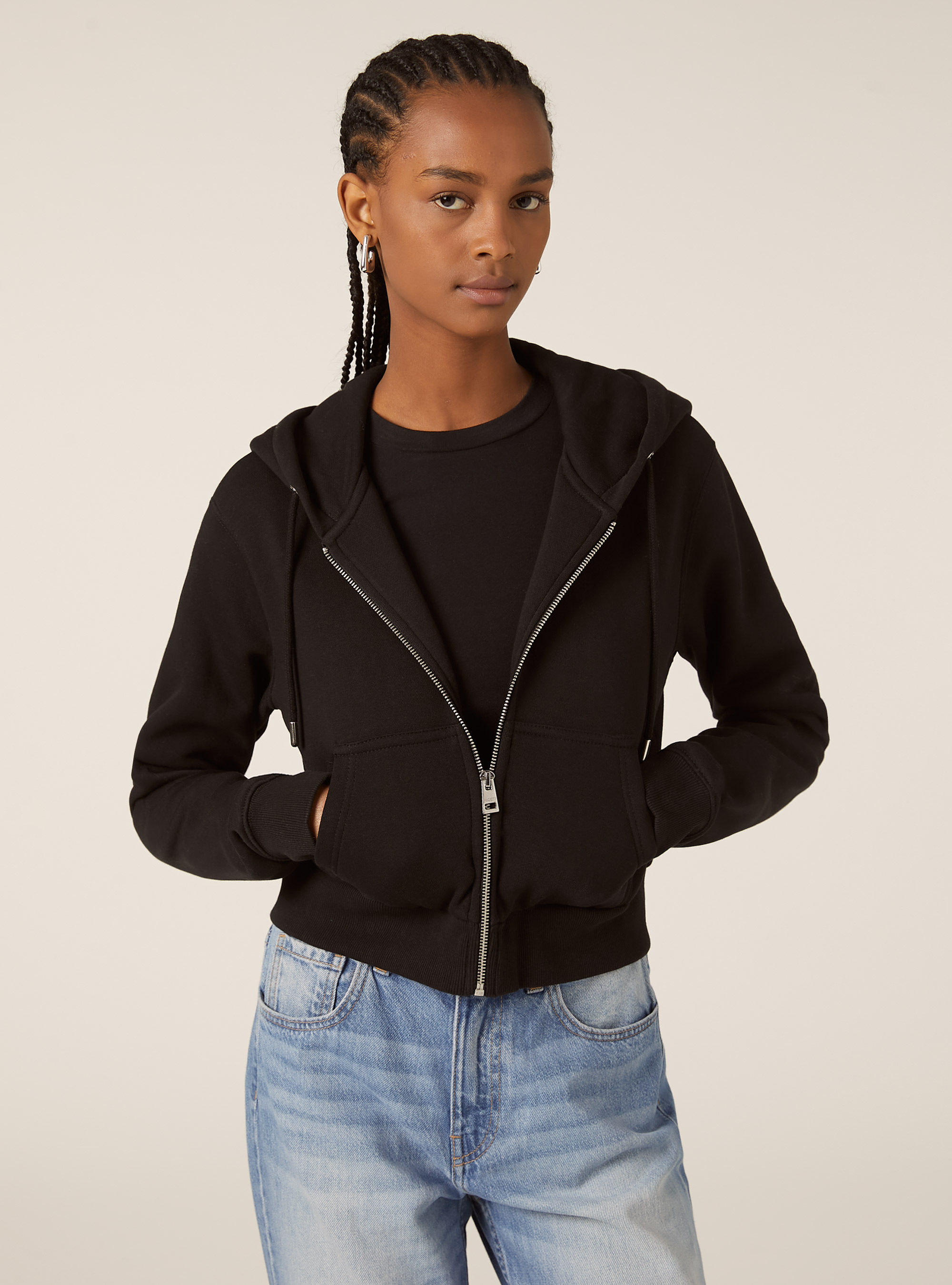 Sweat &agrave; capuche zipp&eacute; court, BK1 BLACK
