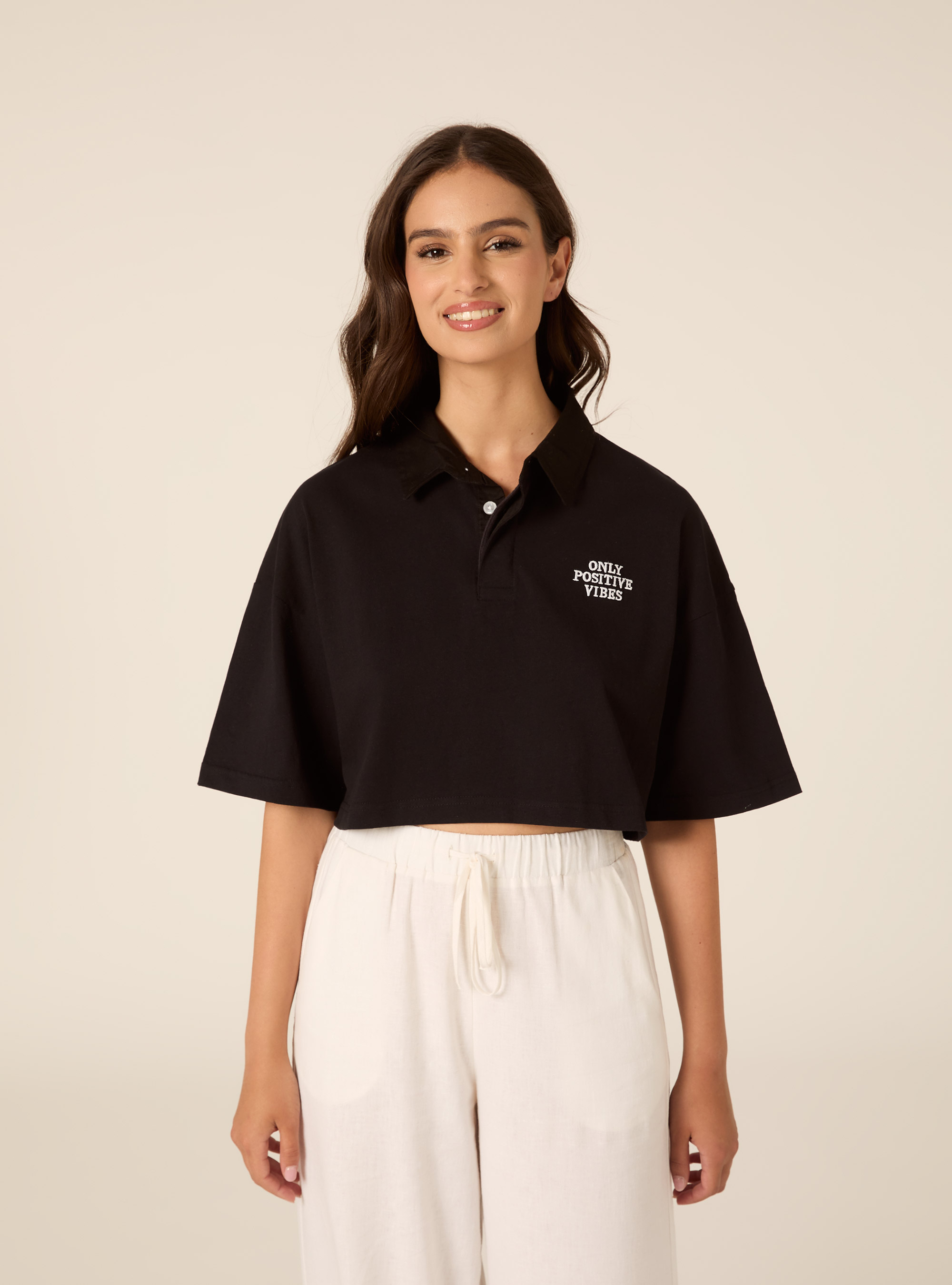 Oversized Cropped Polo Shirt with Embroidery, BK1 BLACK
