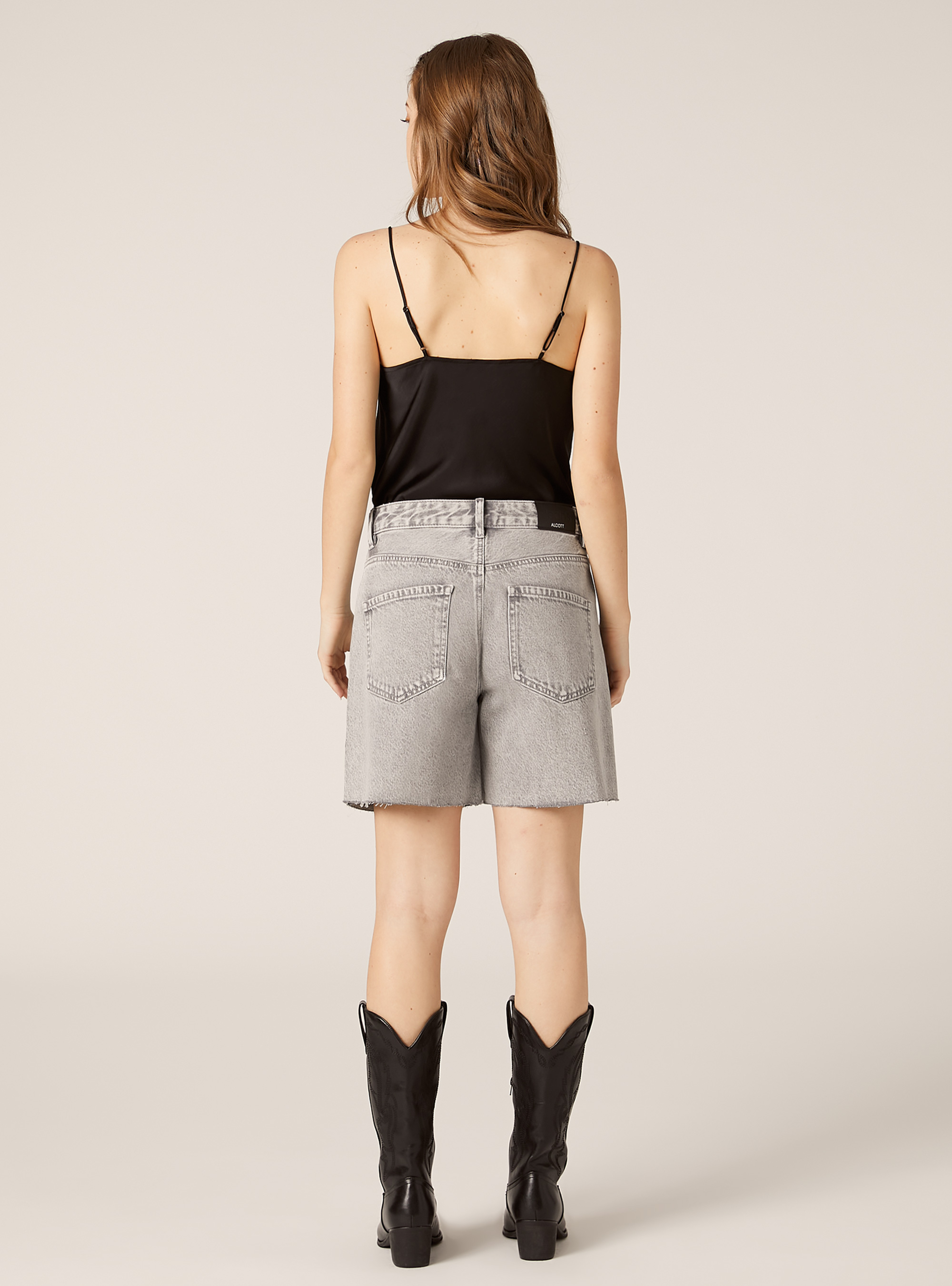 Shorts in denim longline con strass, D00G GREY