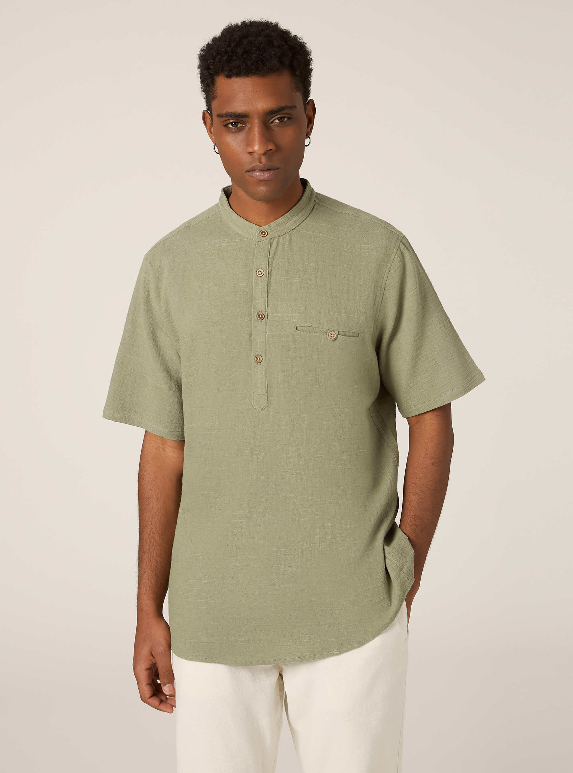 Linen blend shirt with Korean collar, KY2 KAKY MEDIUM