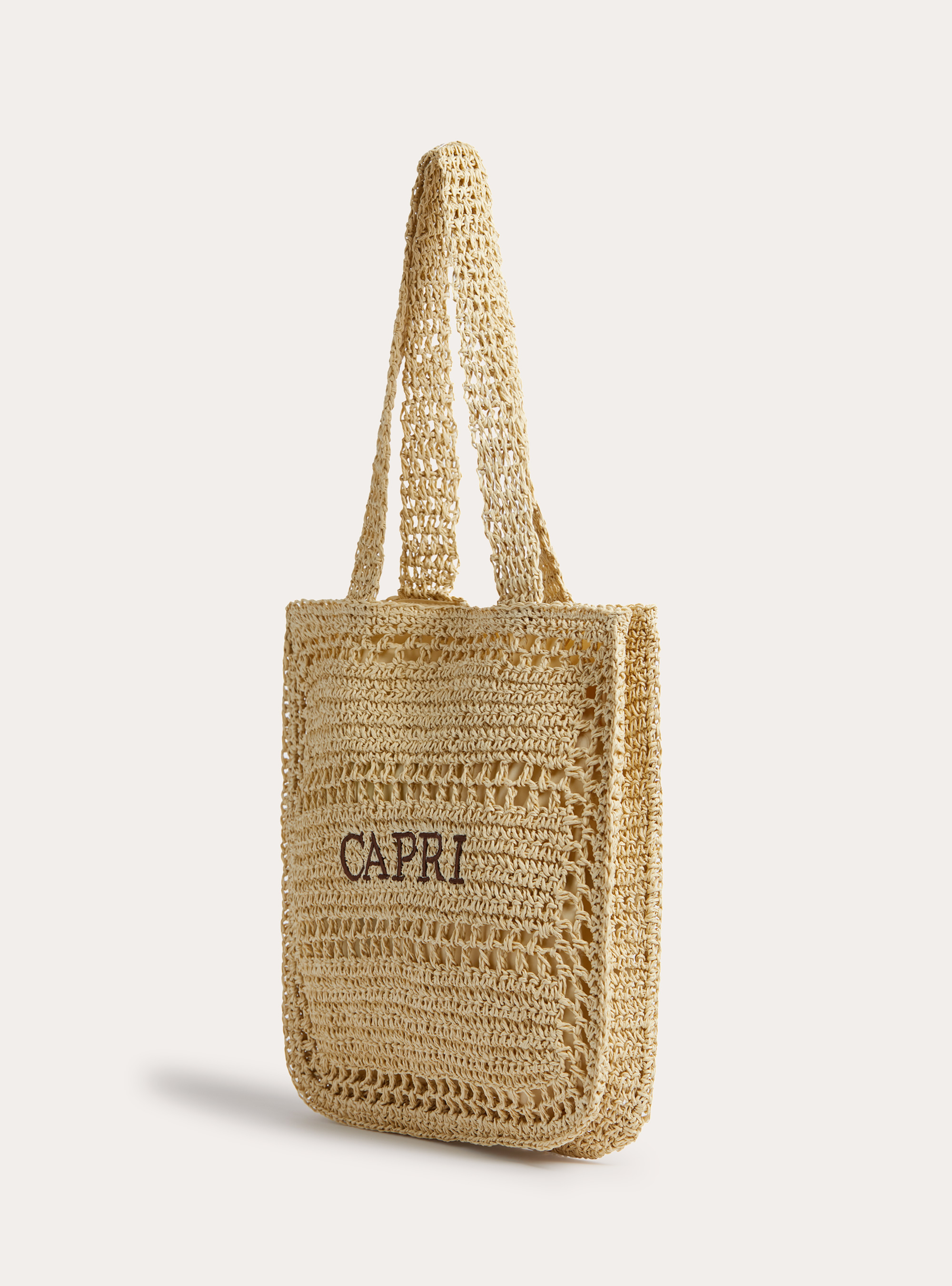 Capri Woven Crochet Straw Effect Tote Bag, BG2 BEIGE MEDIUM