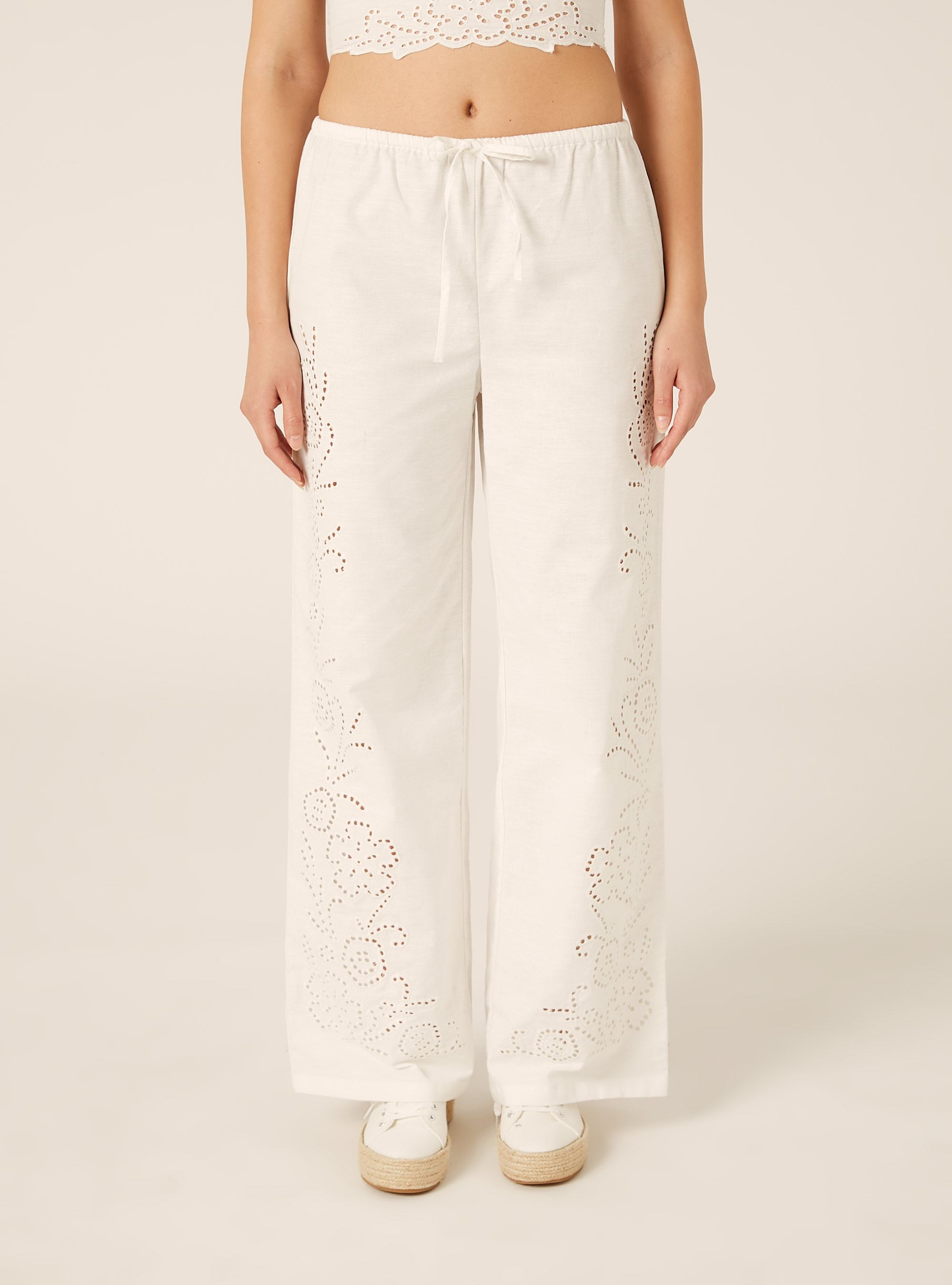 Pantalon Large en M&eacute;lange de Lin avec Broderie Anglaise Lat&eacute;rale, WH2 WHITE
