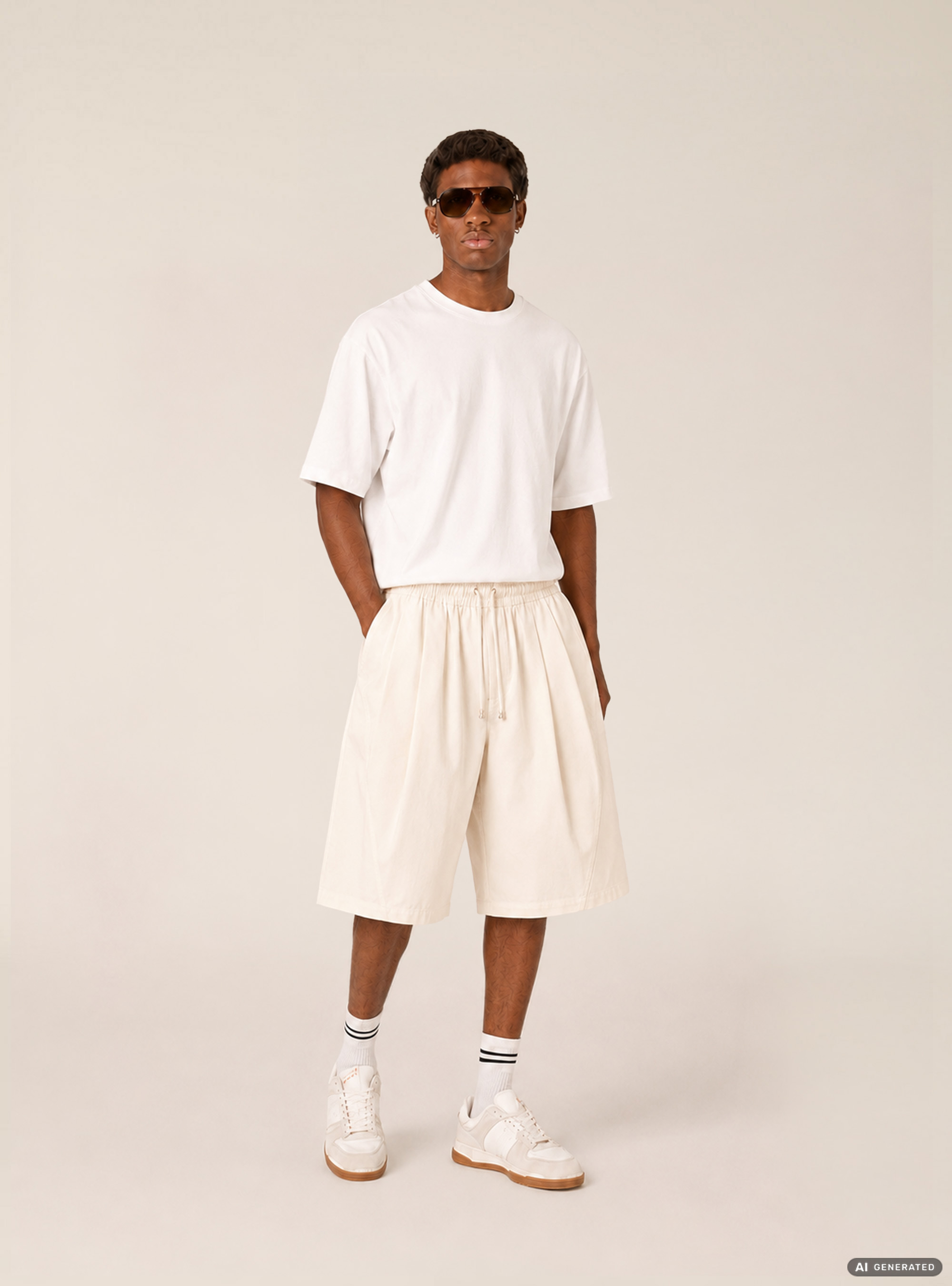 Bermuda baggy con pince misto cotone, CR3 CREAM LIGHT