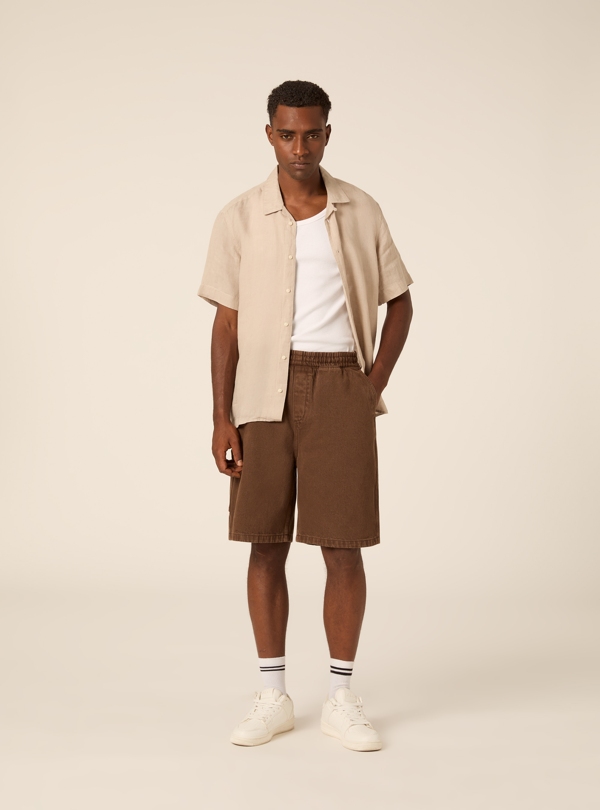 Short Sleeve Bowling Shirt, MBG2 BEIGE MEL MED