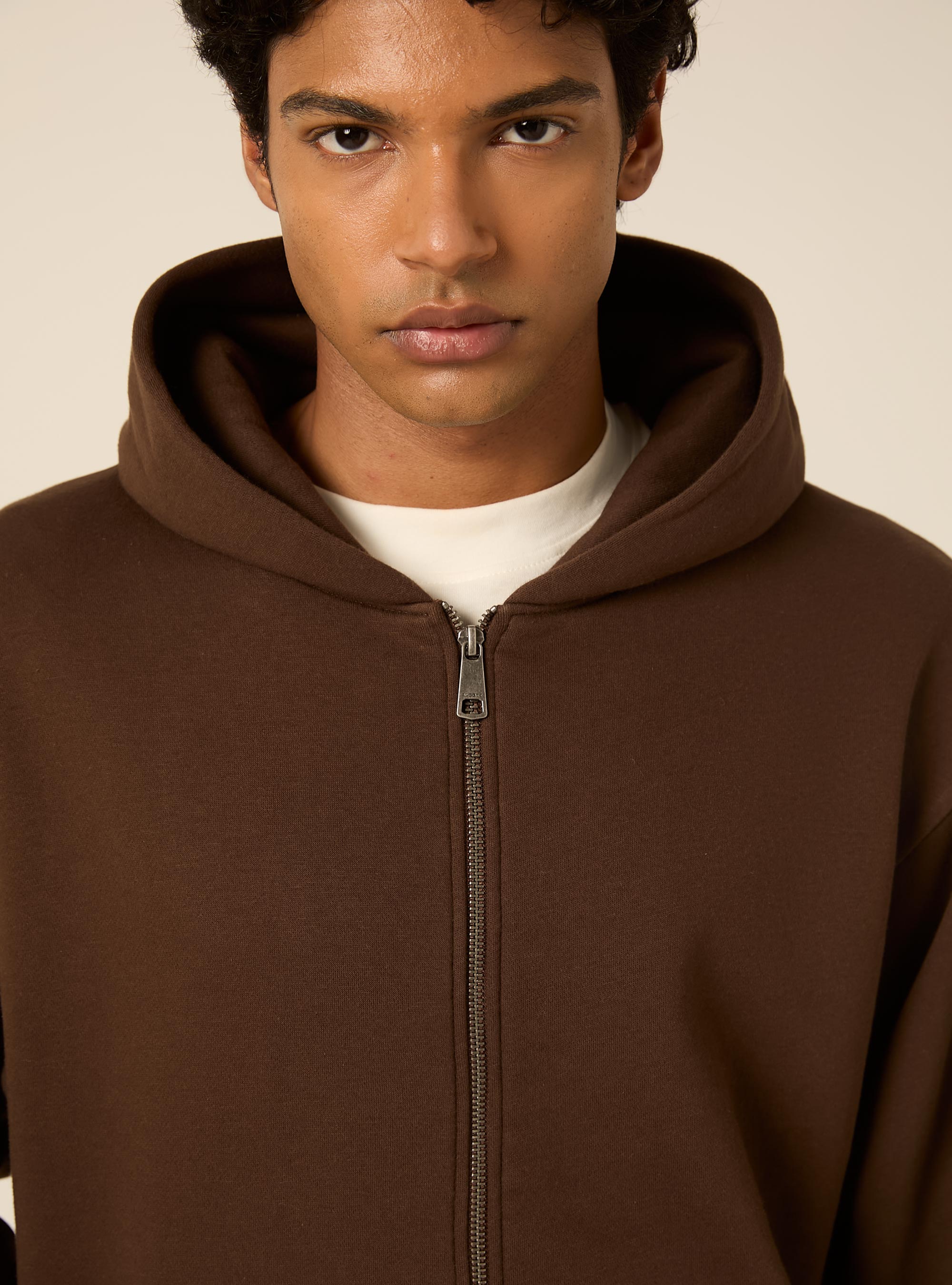 Felpa Boxy fit con zip e cappuccio, MARRONE MEDIO