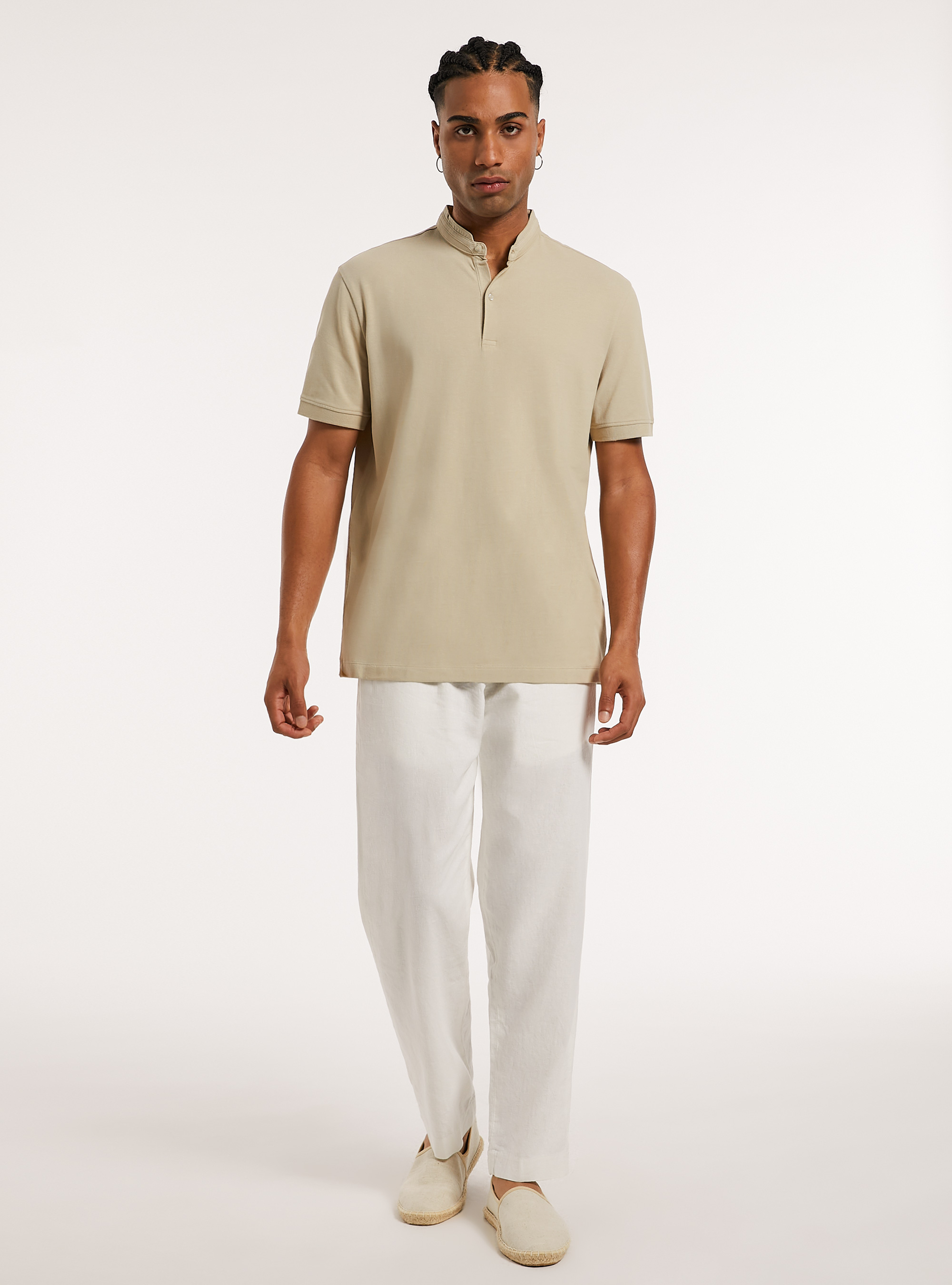 Polo en Coton &agrave; Col Officier, BG2 BEIGE MEDIUM