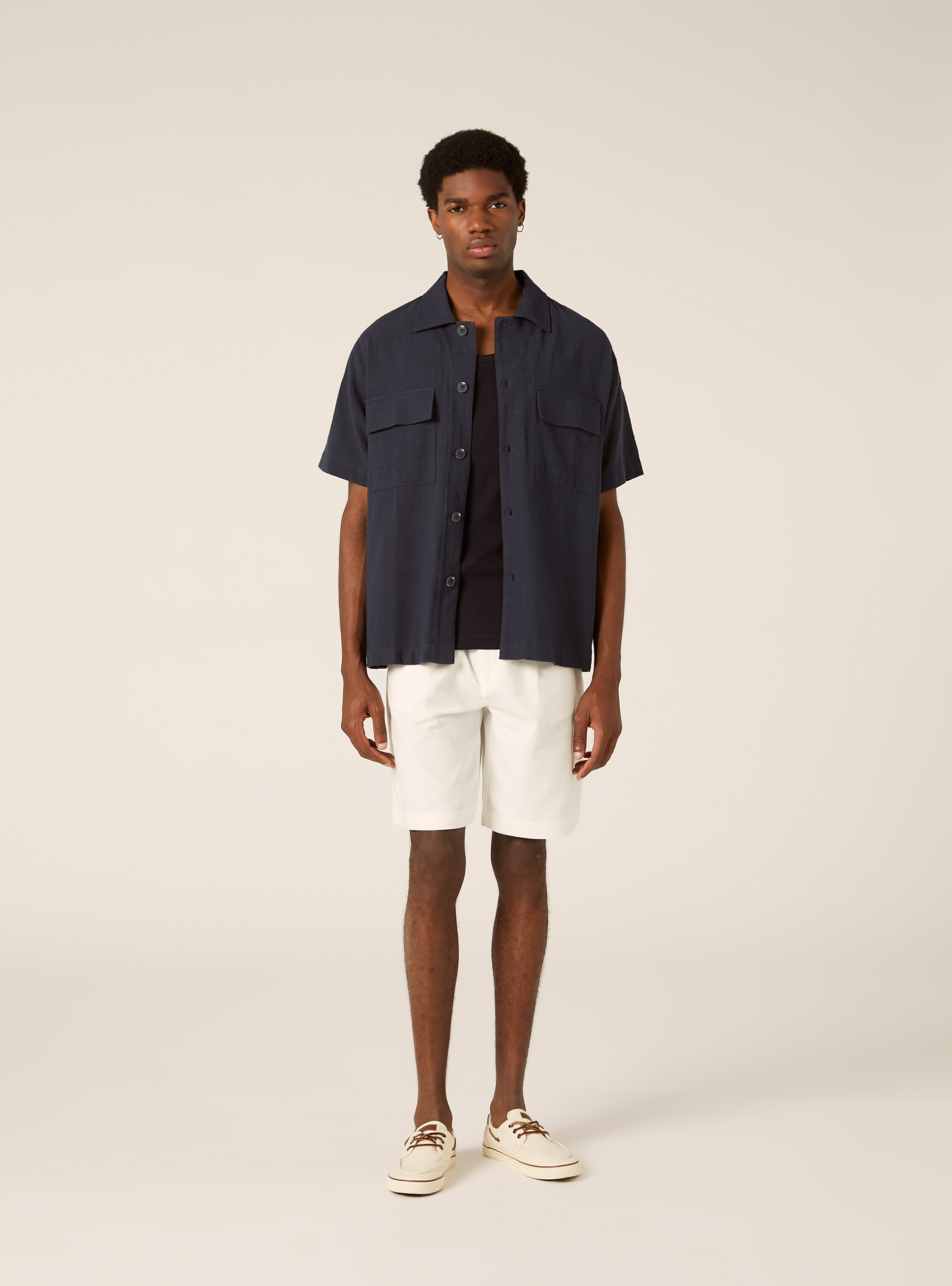 Camicia in cotone a maniche corte, NAVY MEDIO