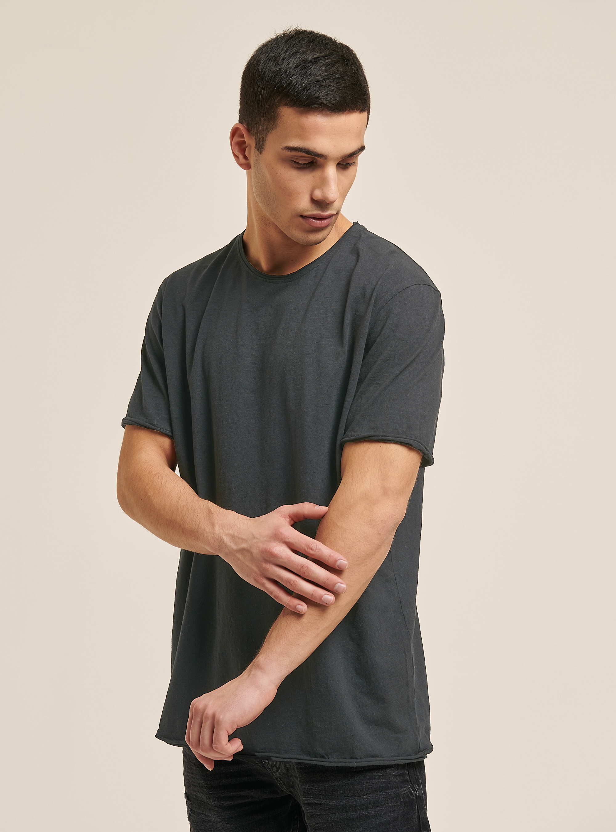 T-shirt en coton coup&eacute; &agrave; vif, BK3 BLACK CHARCOAL