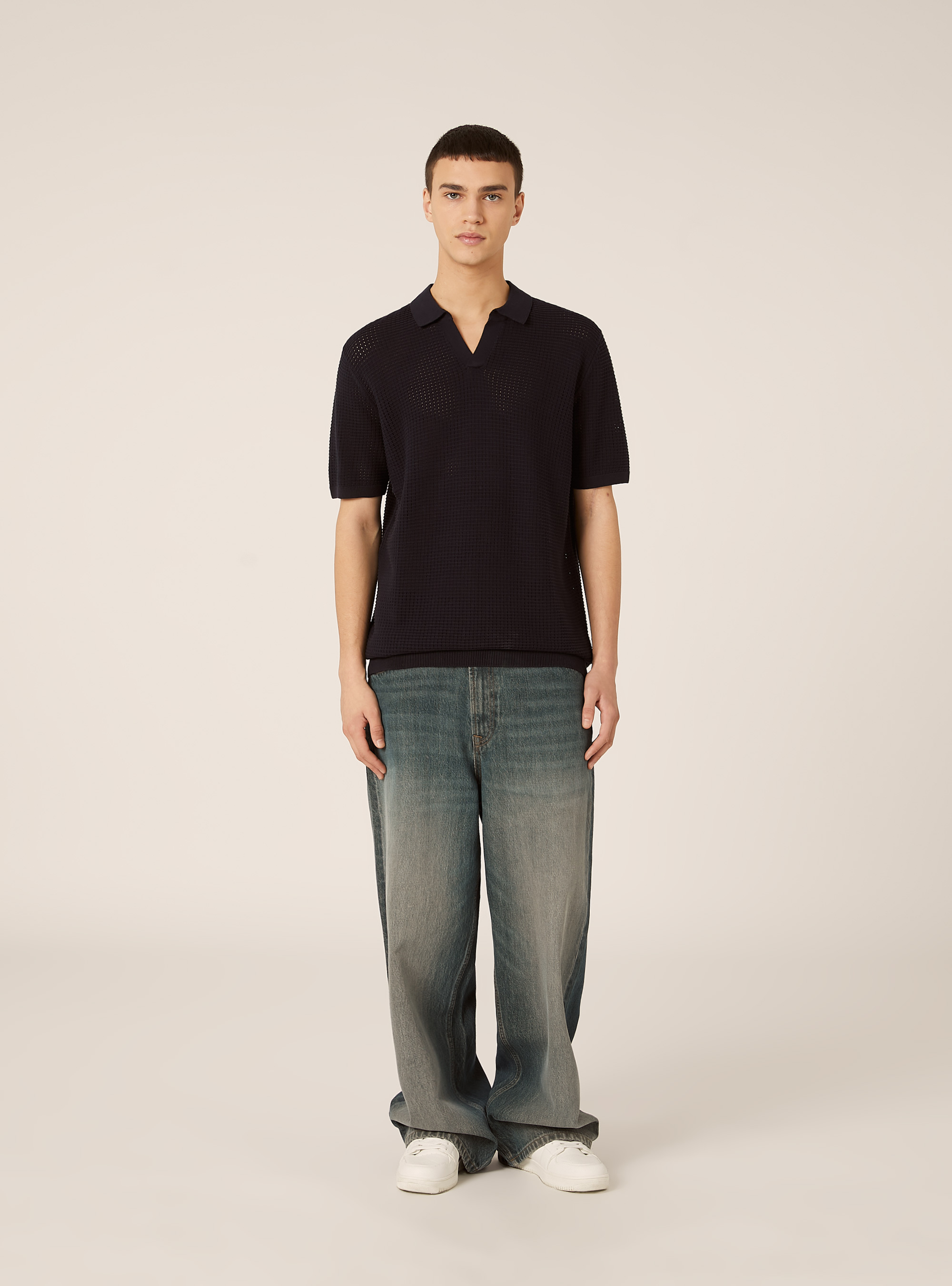 Openwork Knit Polo Shirt, NA2 NAVY MEDIUM
