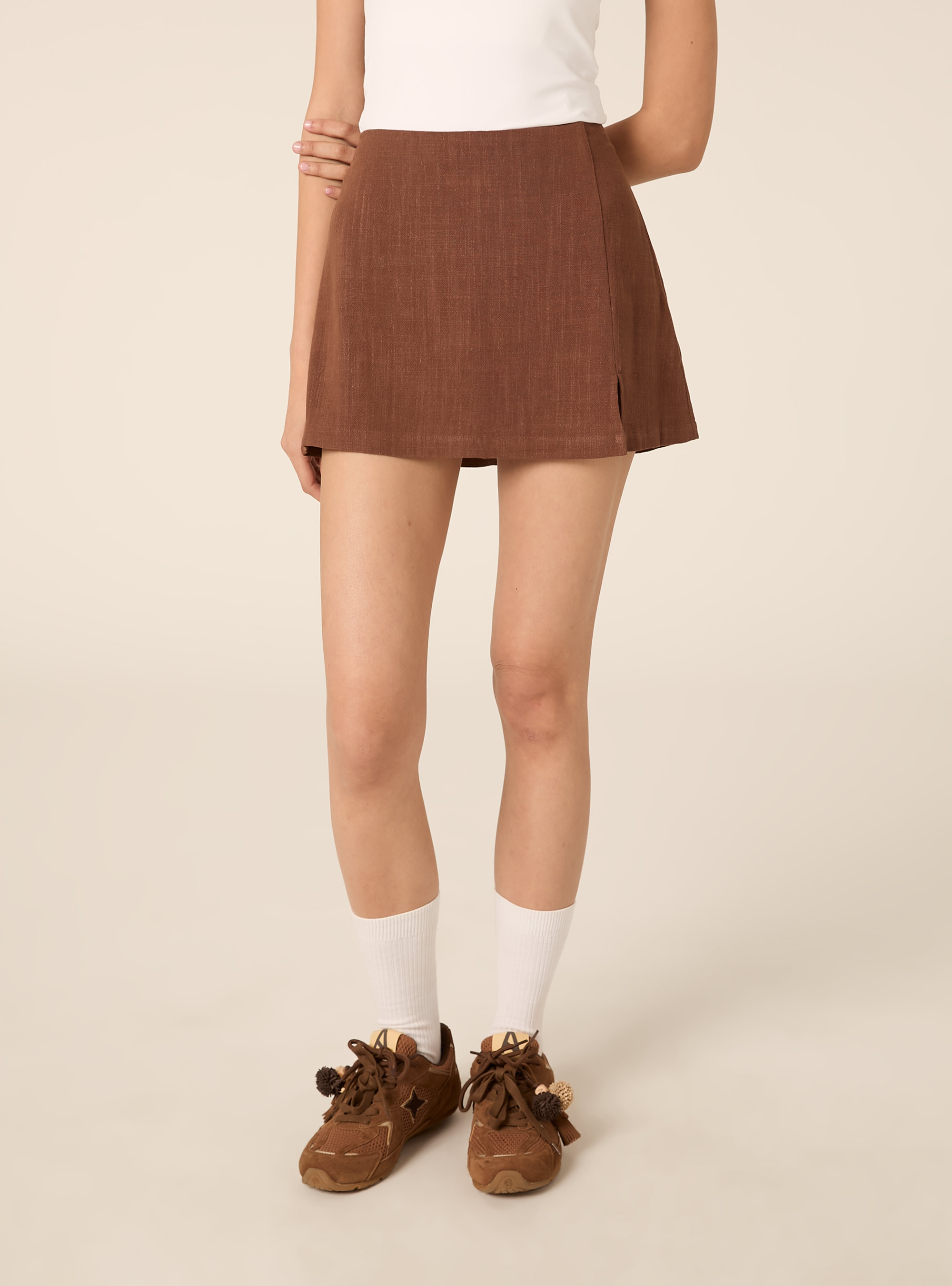 Linen-blend skort, BR3 BROWN LIGHT