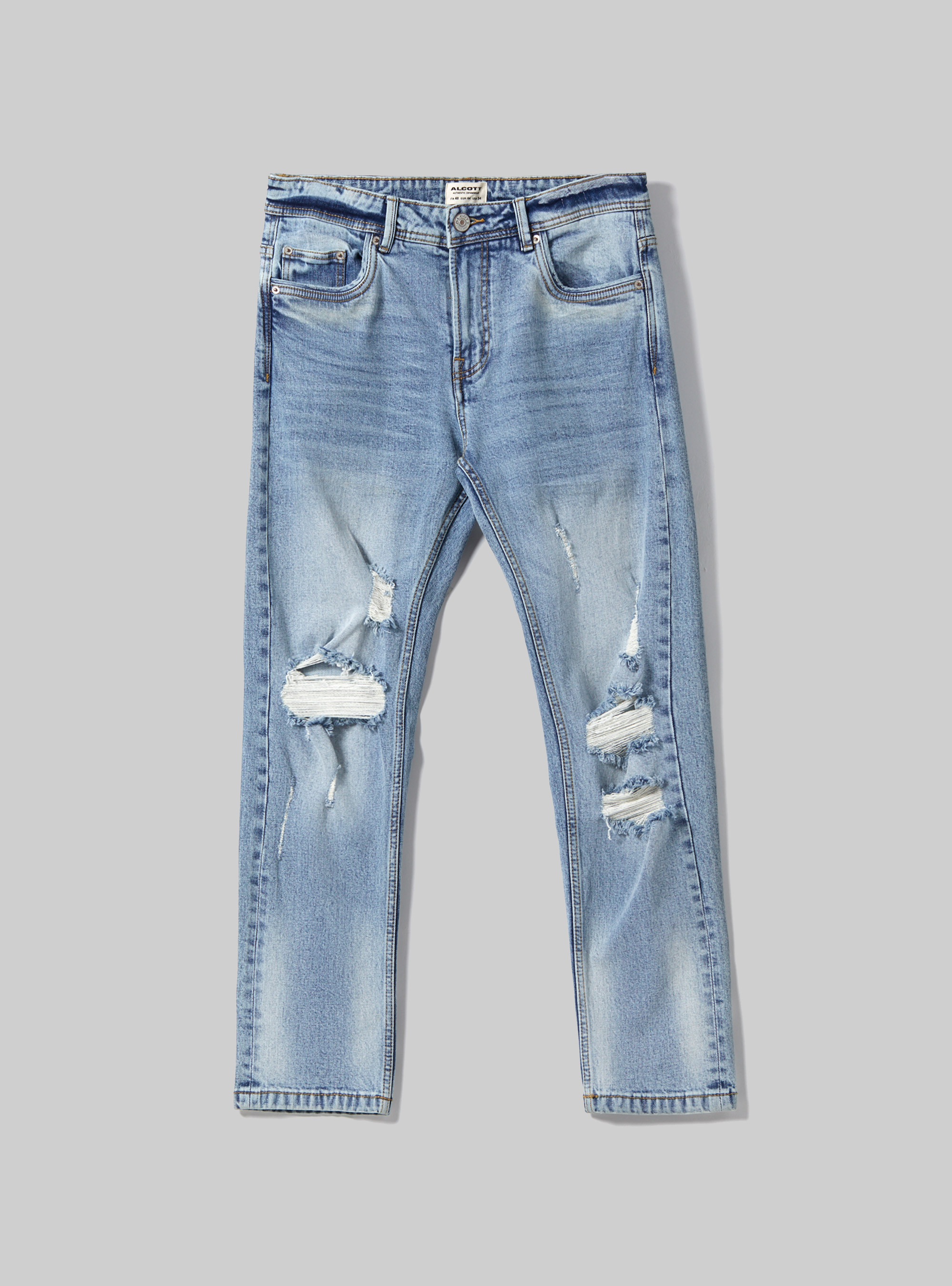 Jean slim en denim stretch avec d&eacute;chirures, D003 MEDIUM BLUE