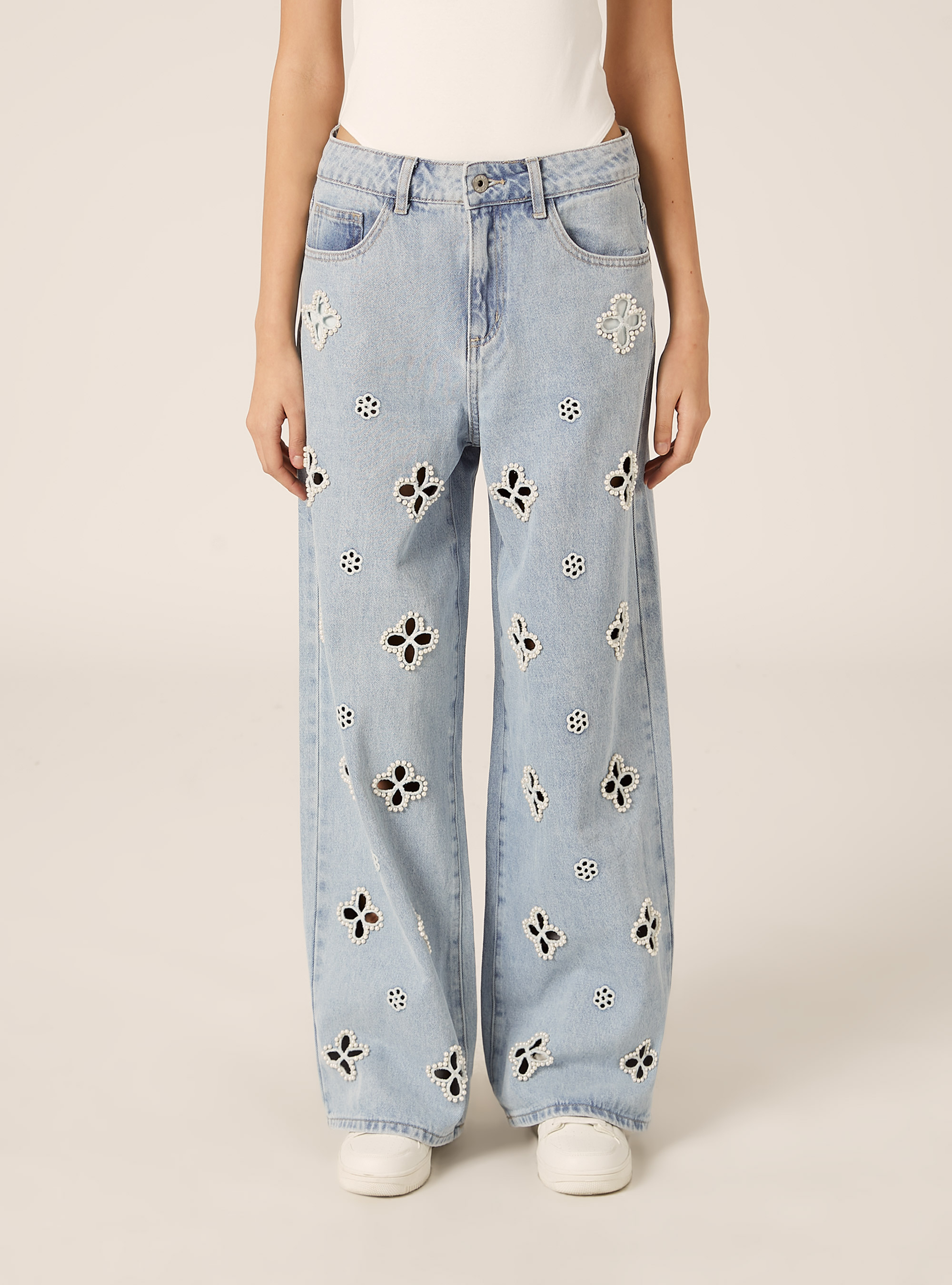 Wide-leg beaded jeans, D006 AZURE