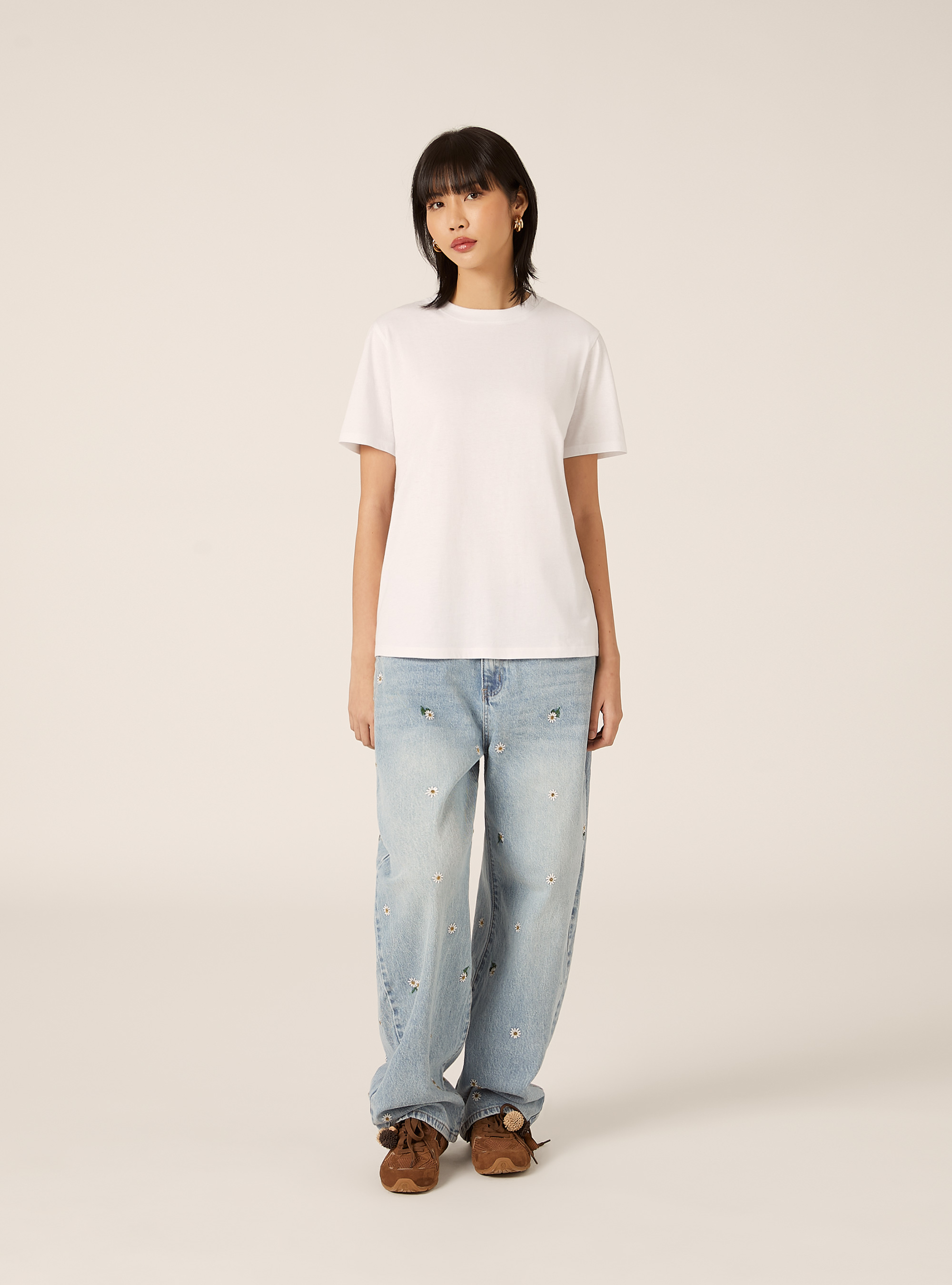 Camiseta de cuello redondo de algod&oacute;n, WH3 WHITE