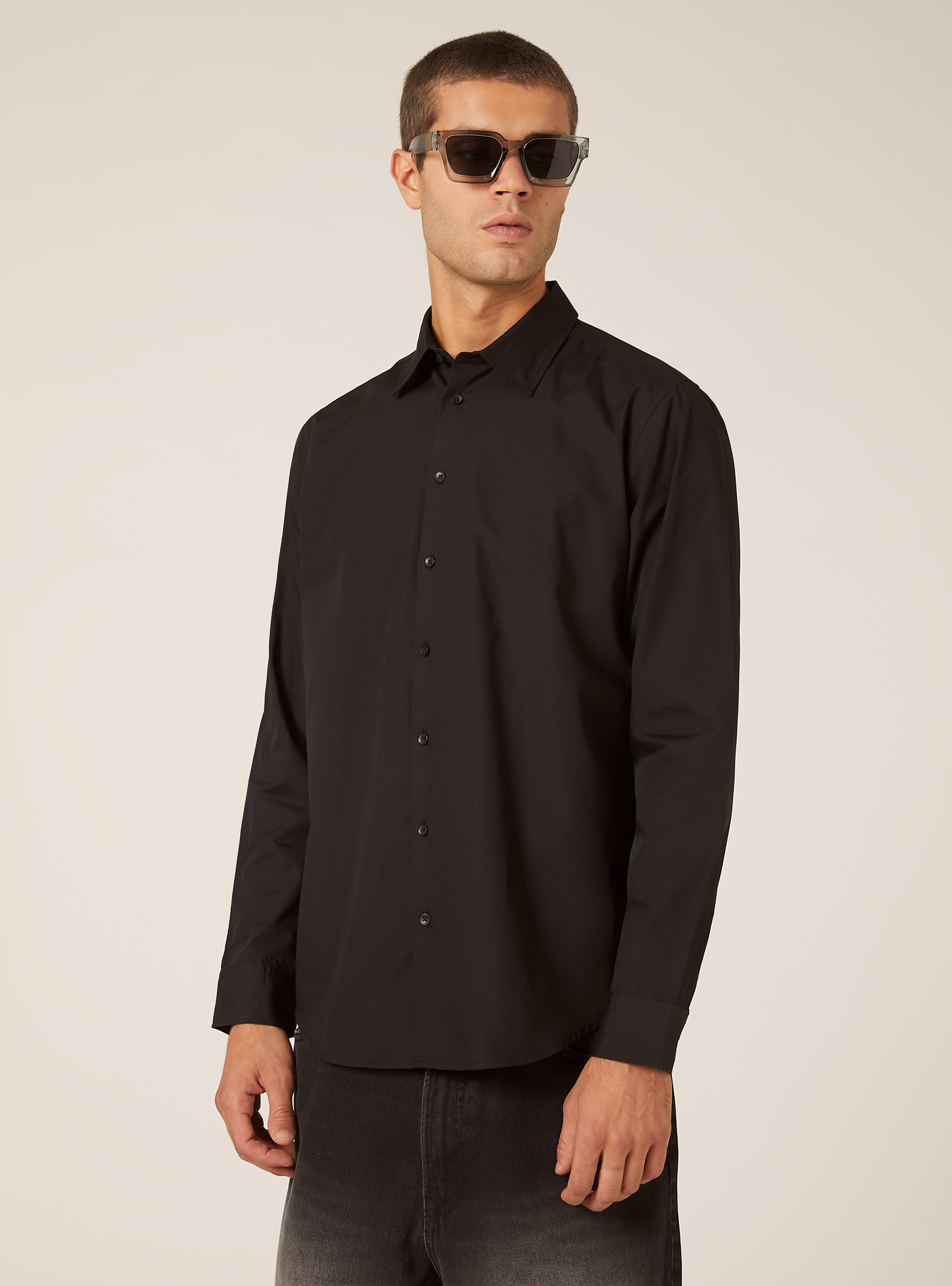 Chemise &agrave; manches longues unie, BK1 BLACK