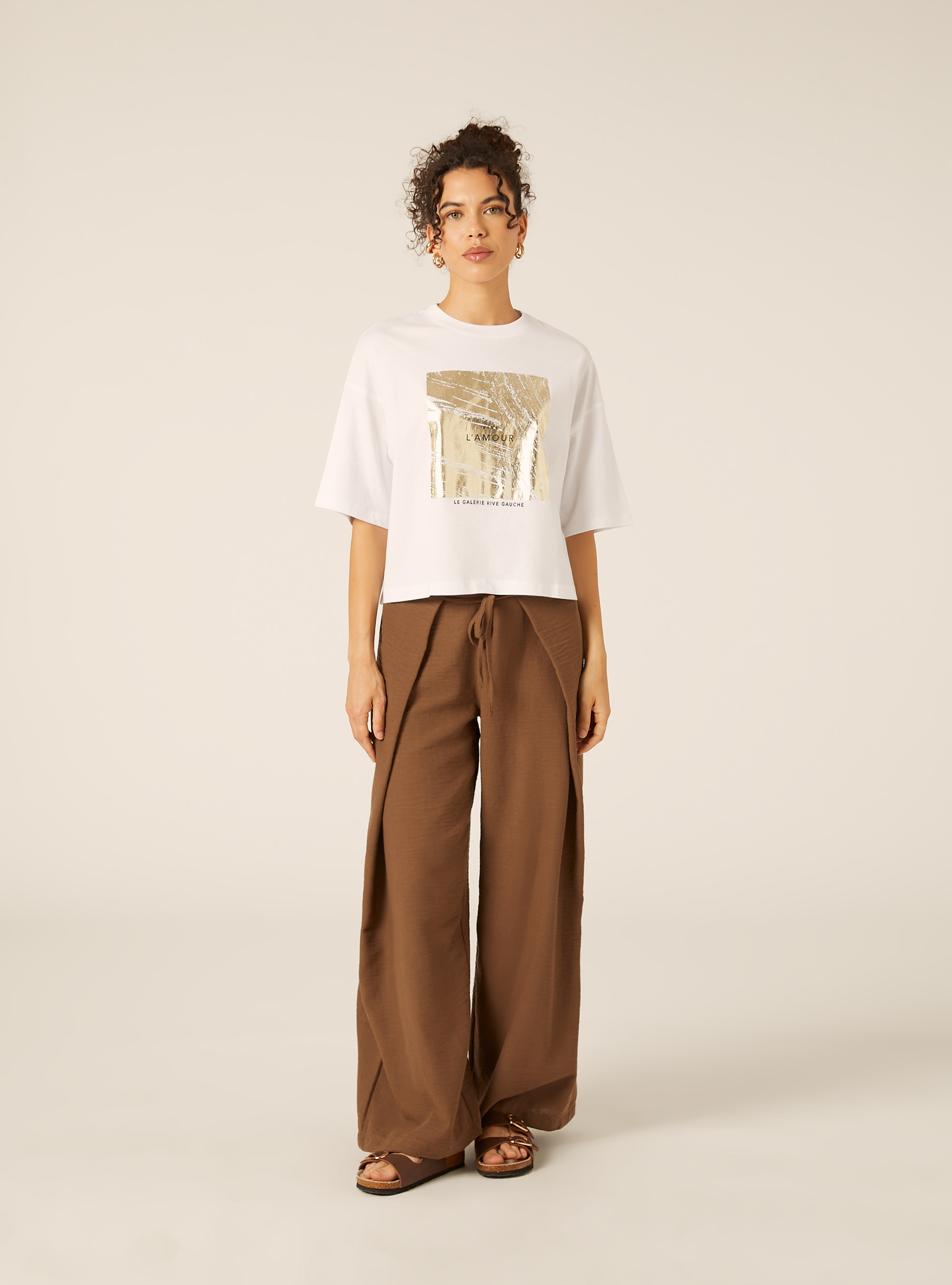 Camiseta Crop con Estampado Metalizado, WH3 WHITE