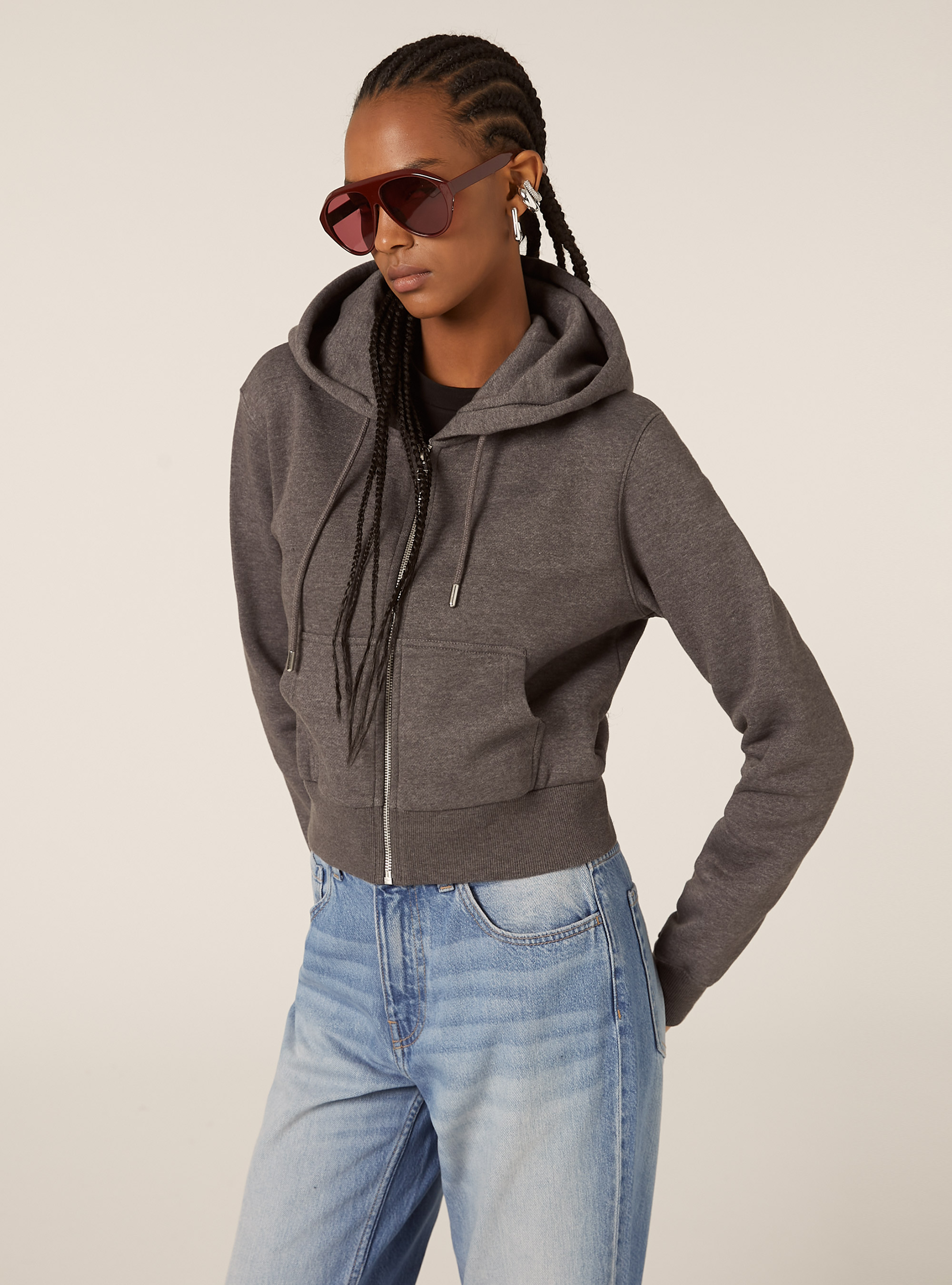 Cropped zip-up hoodie, MGY1 GREY MEL DARK