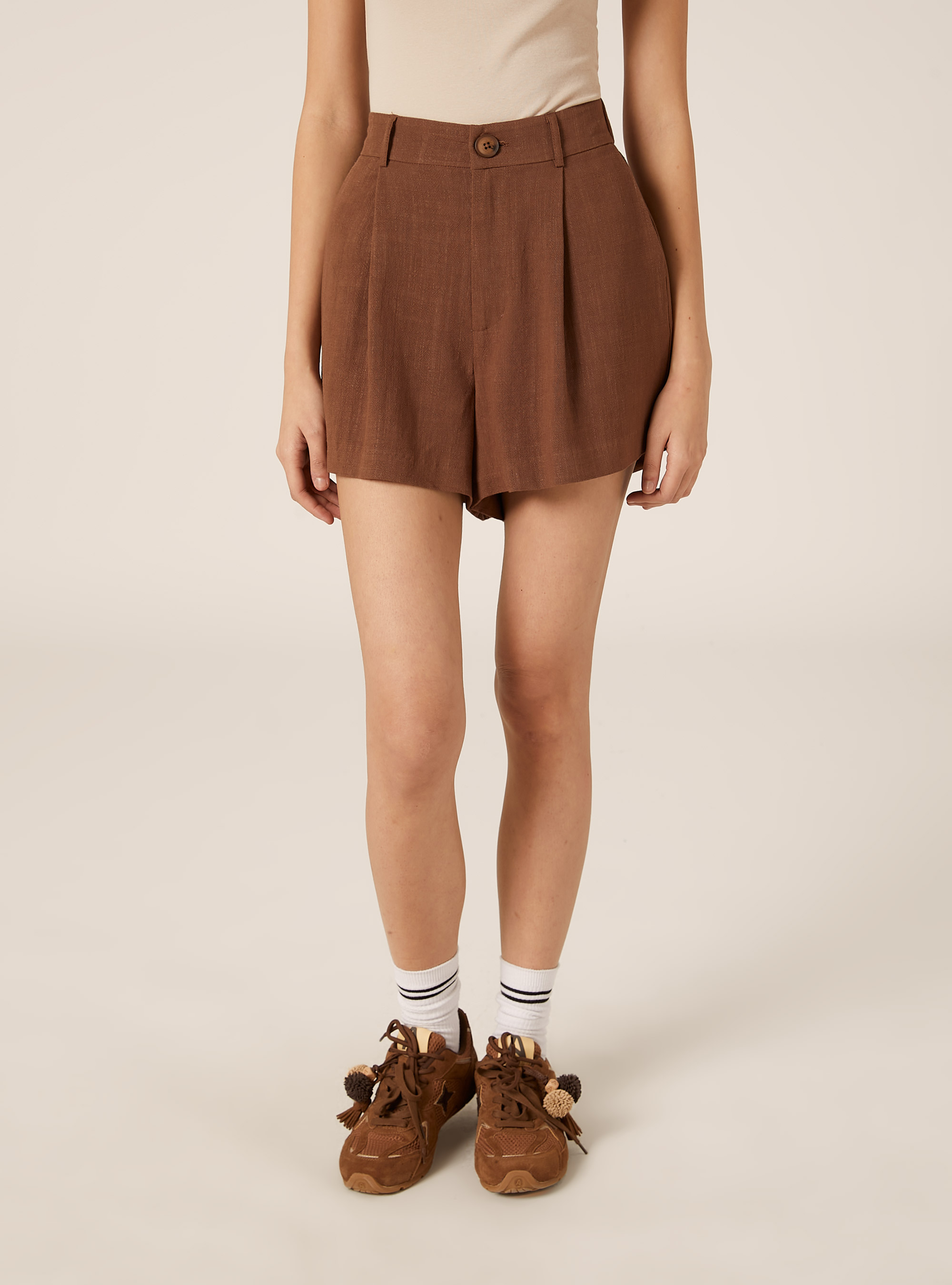 Short Tailoring en m&eacute;lange de Lin, BR2 BROWN MEDIUM