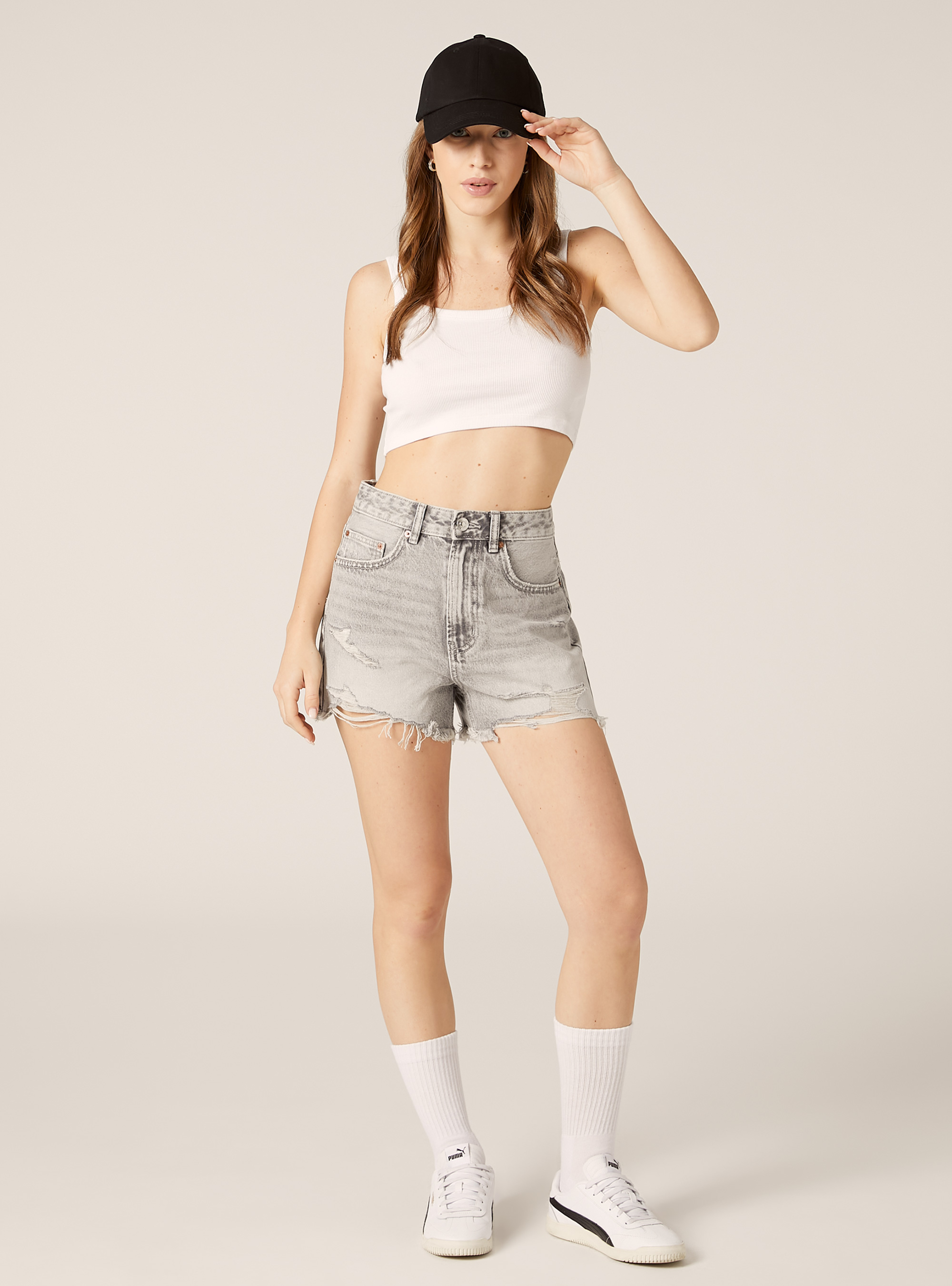 Short en denim &agrave; taille haute, D00G GREY