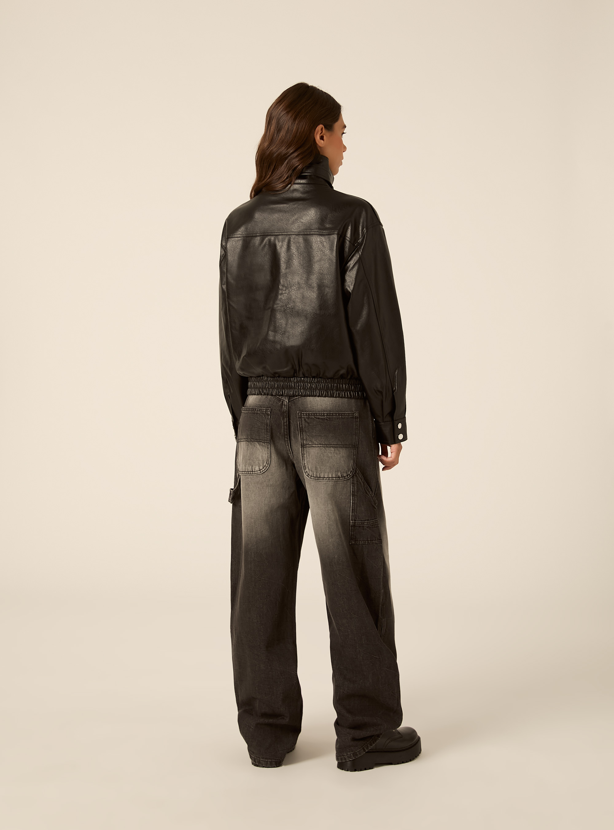 Faux leather bomber jacket with high neck and buckle, BK1 BLACK