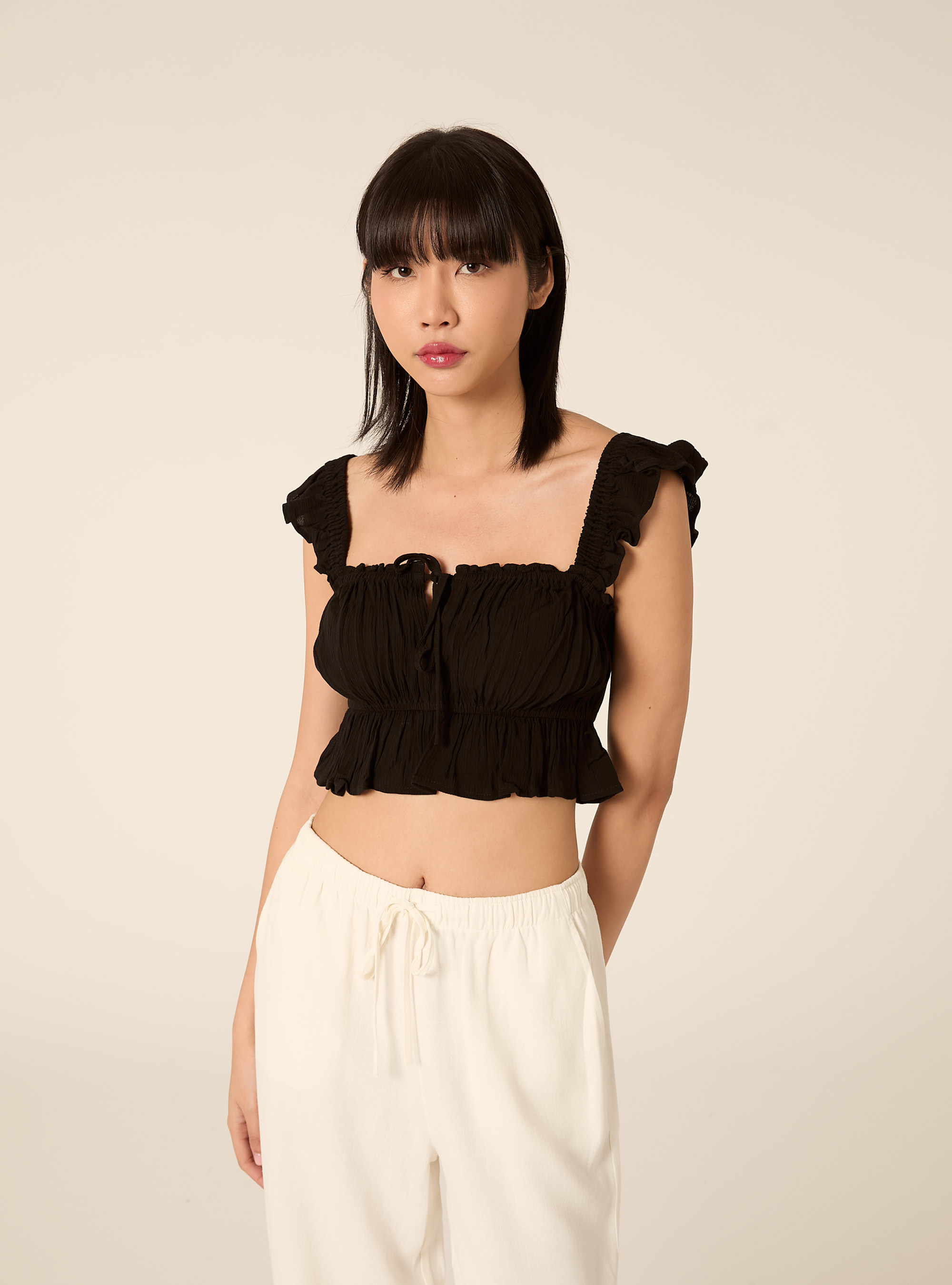 Top aus Crepe mit R&uuml;schen, BK1 BLACK