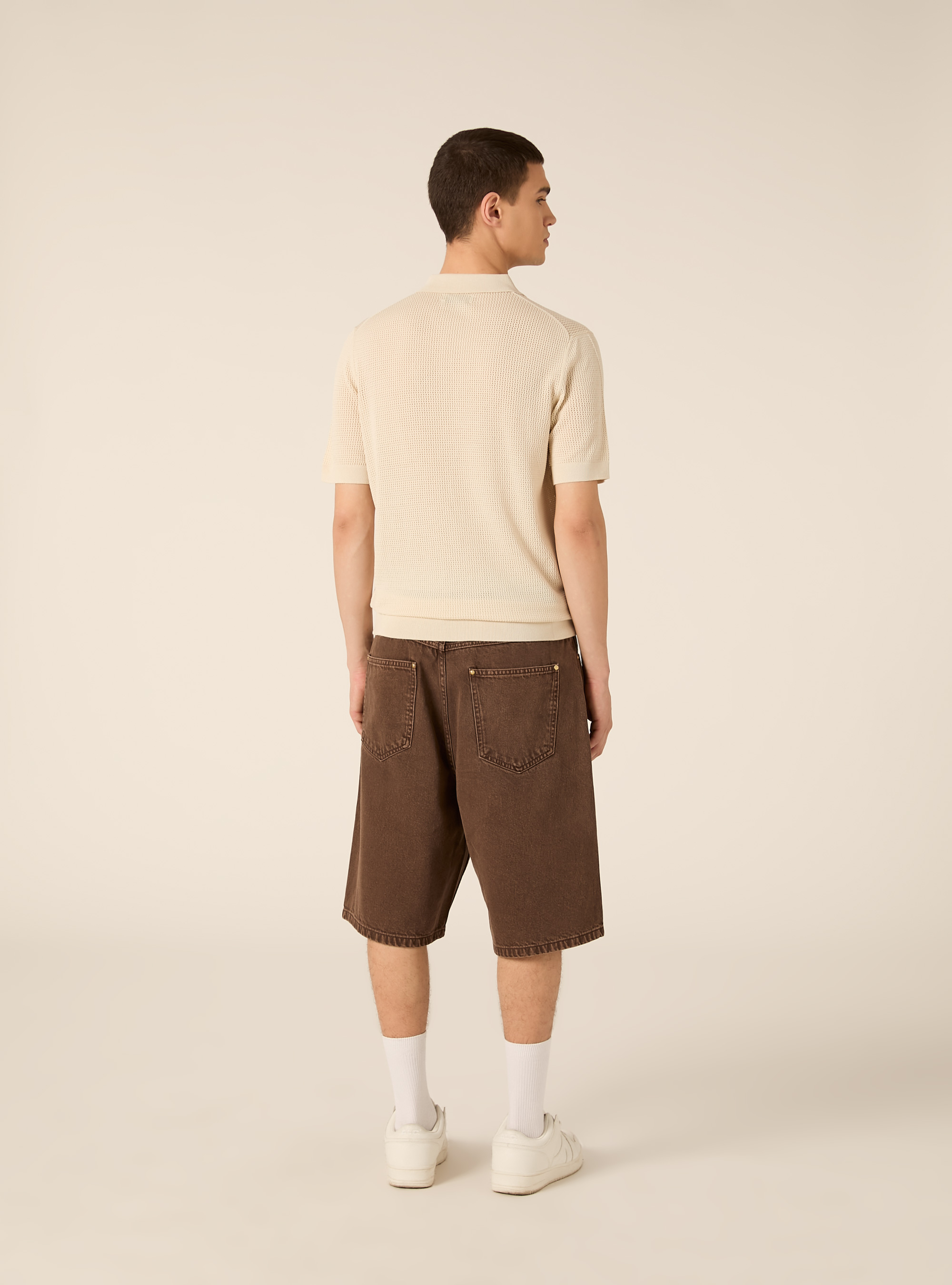 Maglia polo in crochet in misto viscosa, CR3 CREAM LIGHT
