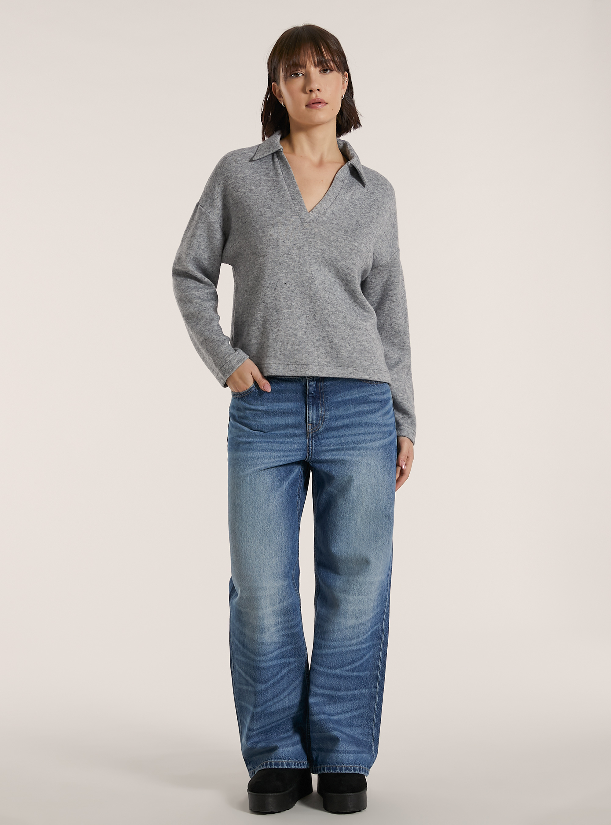 Pull doux au toucher avec col polo, MGY3 GREY MEL LIGHT
