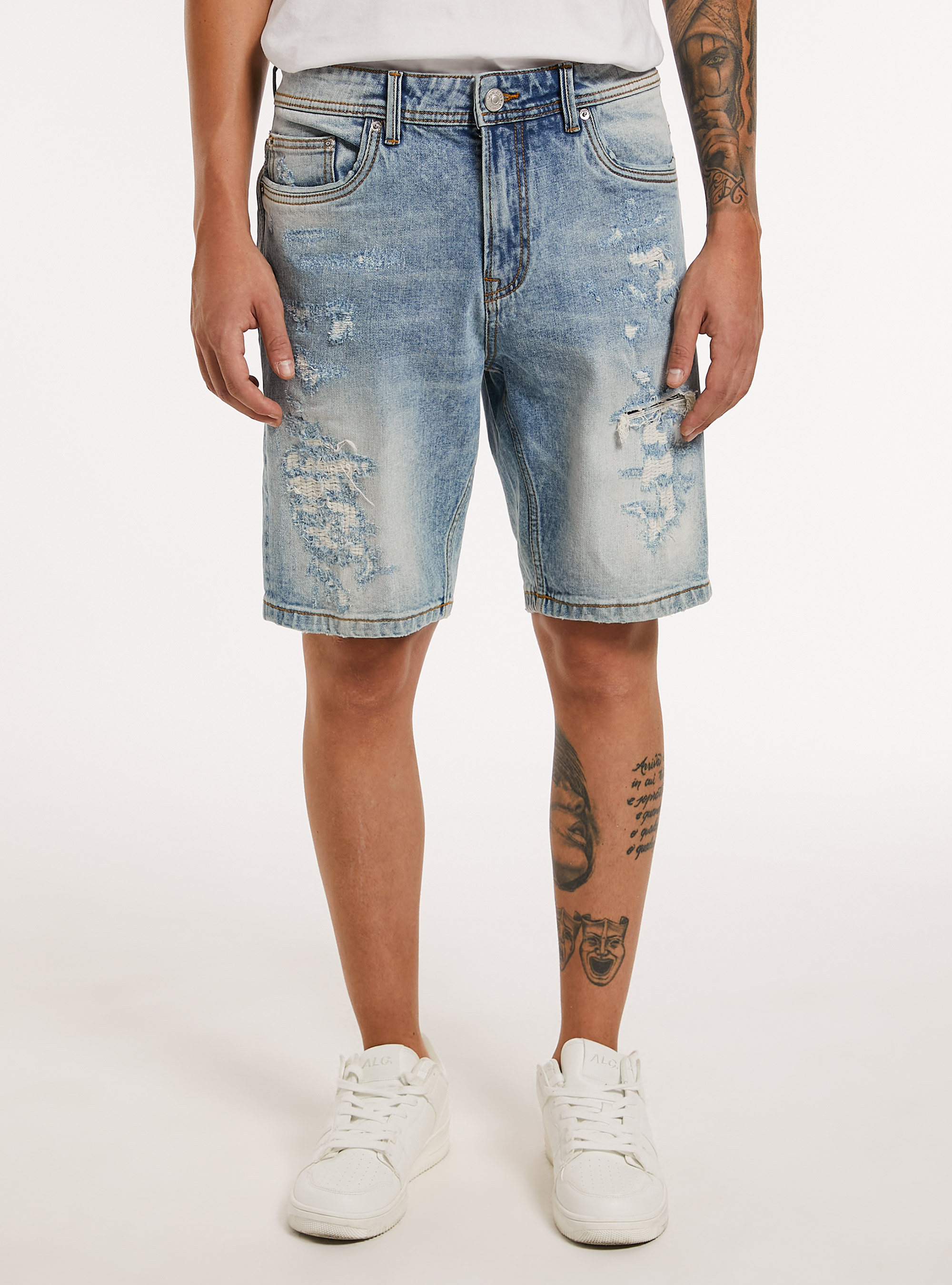 Slim Fit Stretch Denim Bermudas mit Rissen, D006 AZURE