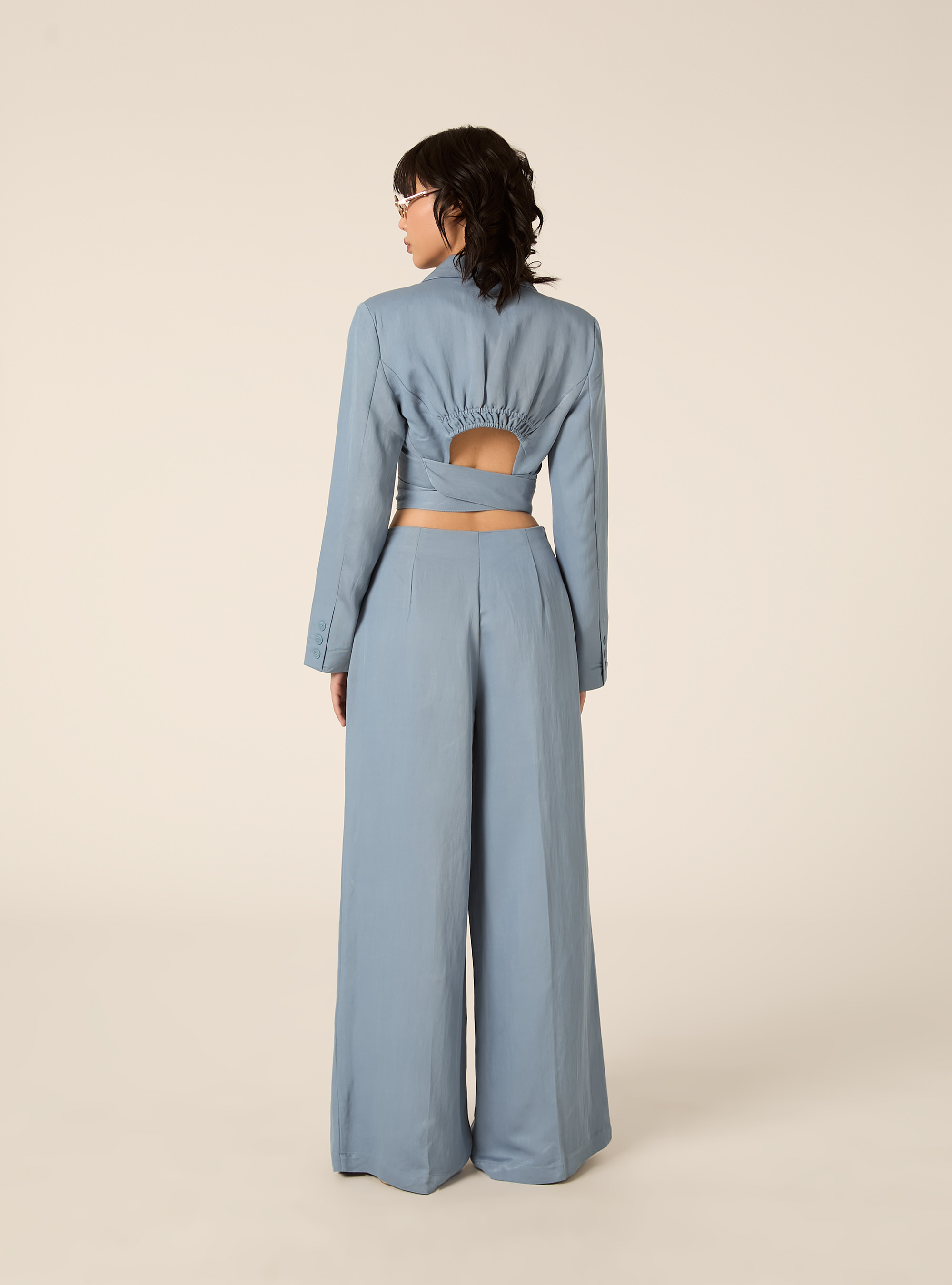 Blazer corto in twill, AZZURRO MEDIO