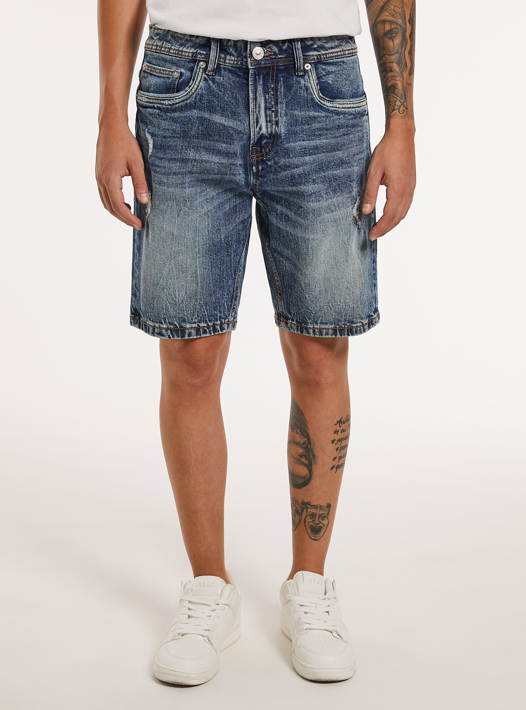 Slim Fit Stretch Denim Bermudas mit Rissen, D002 MEDIUM DARK BLUE