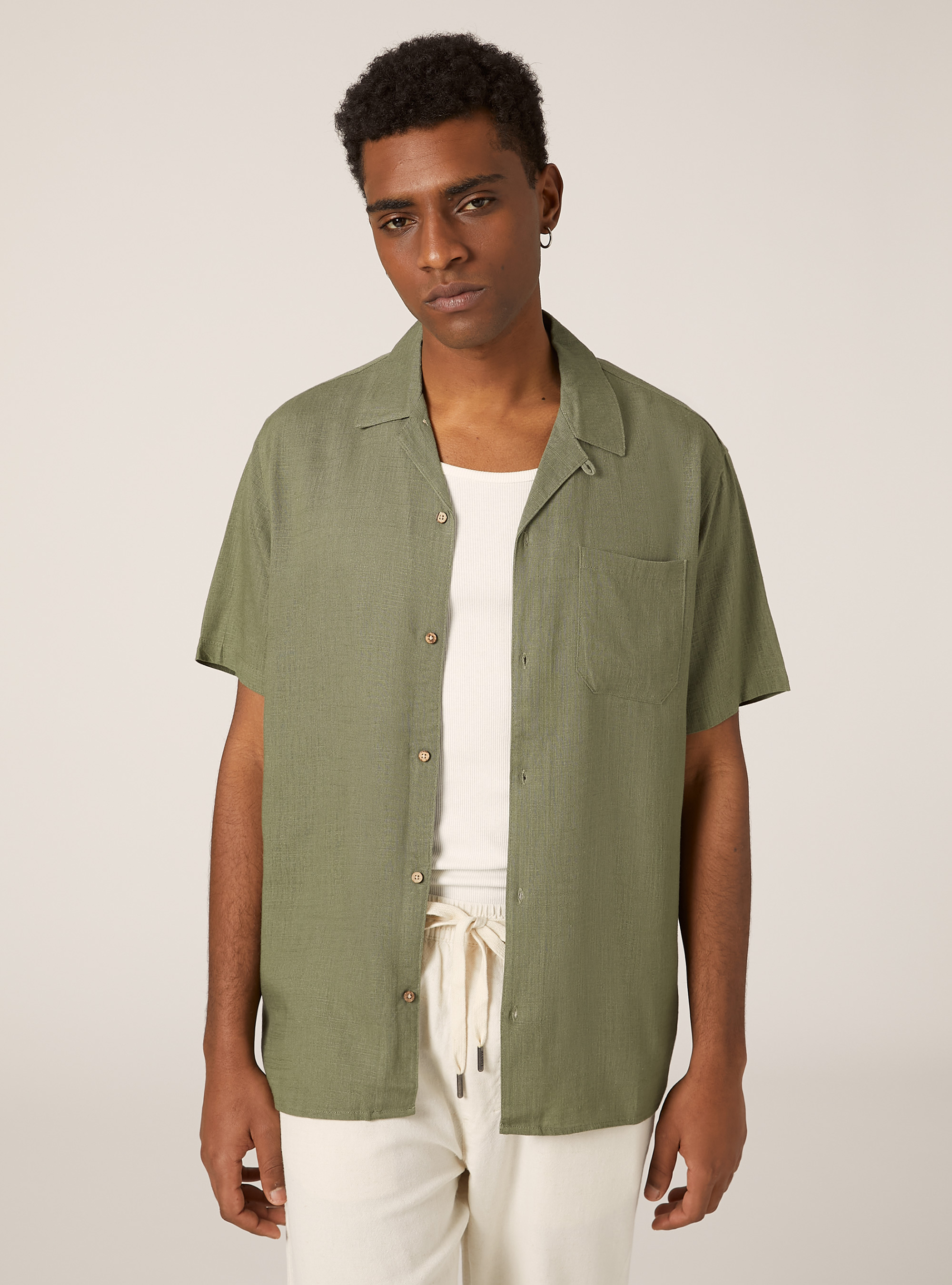 Chemise en lin m&eacute;lang&eacute; avec col bowling, KY2 KAKY MEDIUM
